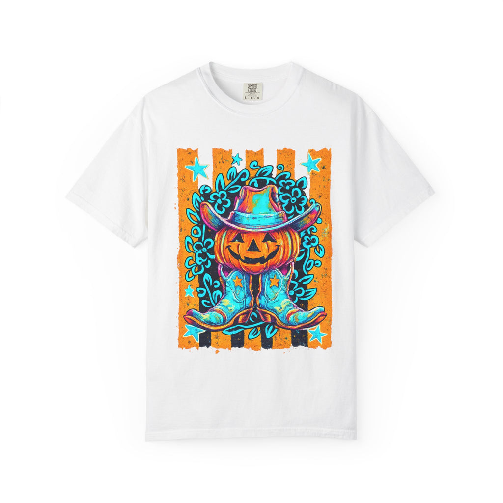 Halloween Pumpkin Cowboy T-Shirt — Neon Country Jack-O'-Lantern Graphic Tee