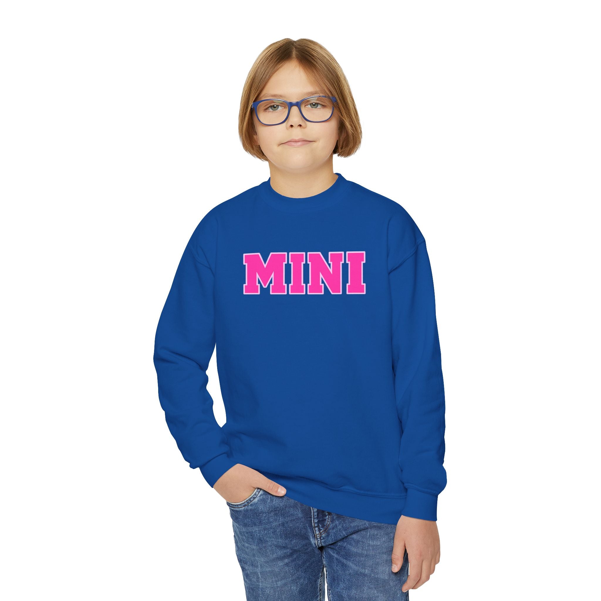 MINI Youth Crewneck Sweatshirt — Pink Chunky Lettering Kids Pullover