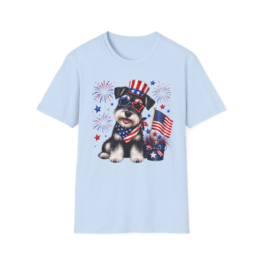 Patriotic Pup T‑Shirt — American Flag Dog with Fireworks (Fourth of July)