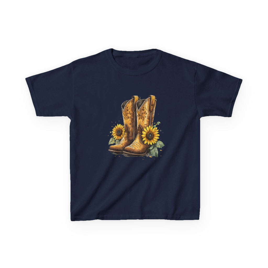 Kids Cowboy Boots & Sunflowers T-Shirt — Western Farmyard Tee for Children