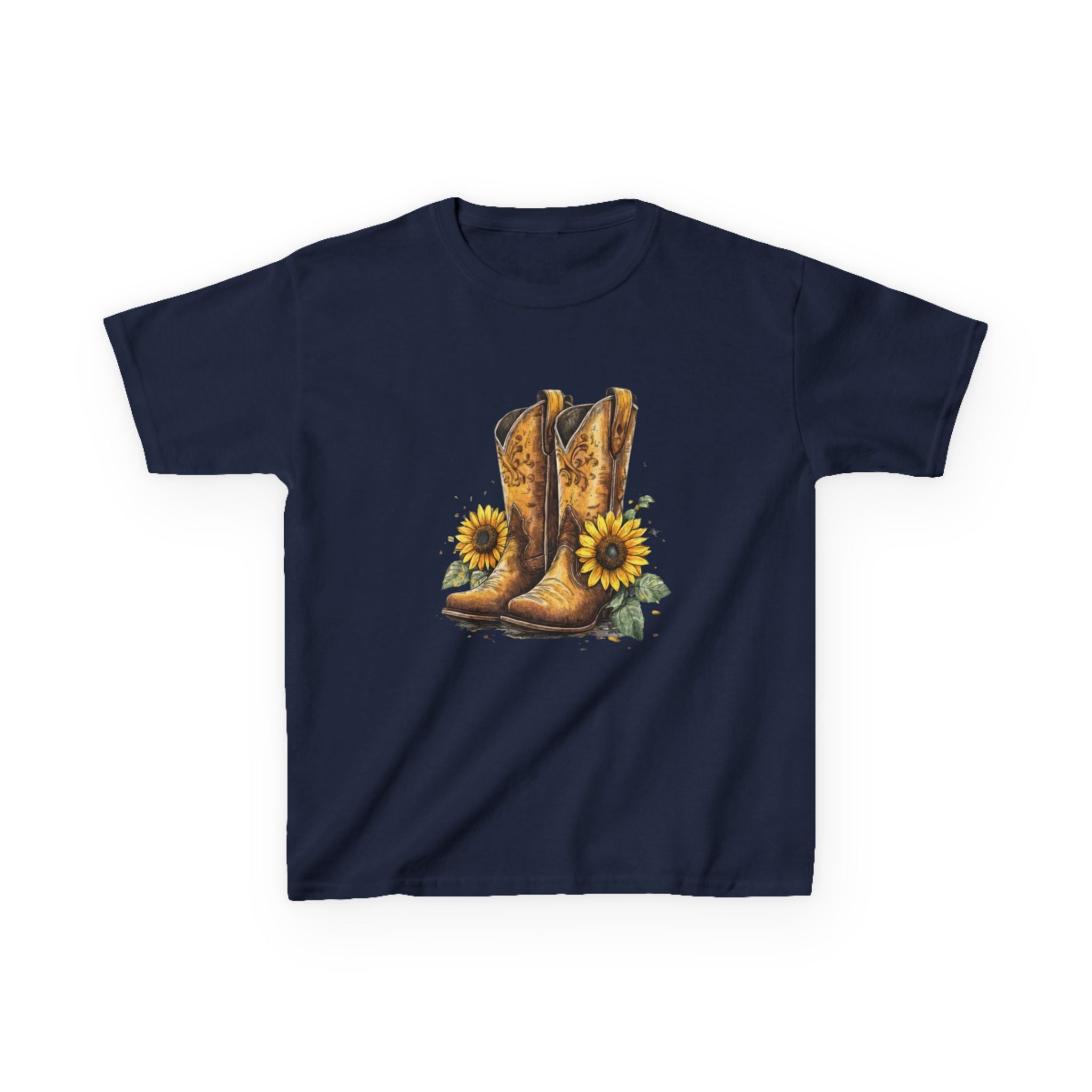 Kids Cowboy Boots & Sunflowers T-Shirt — Western Farmyard Tee for Children
