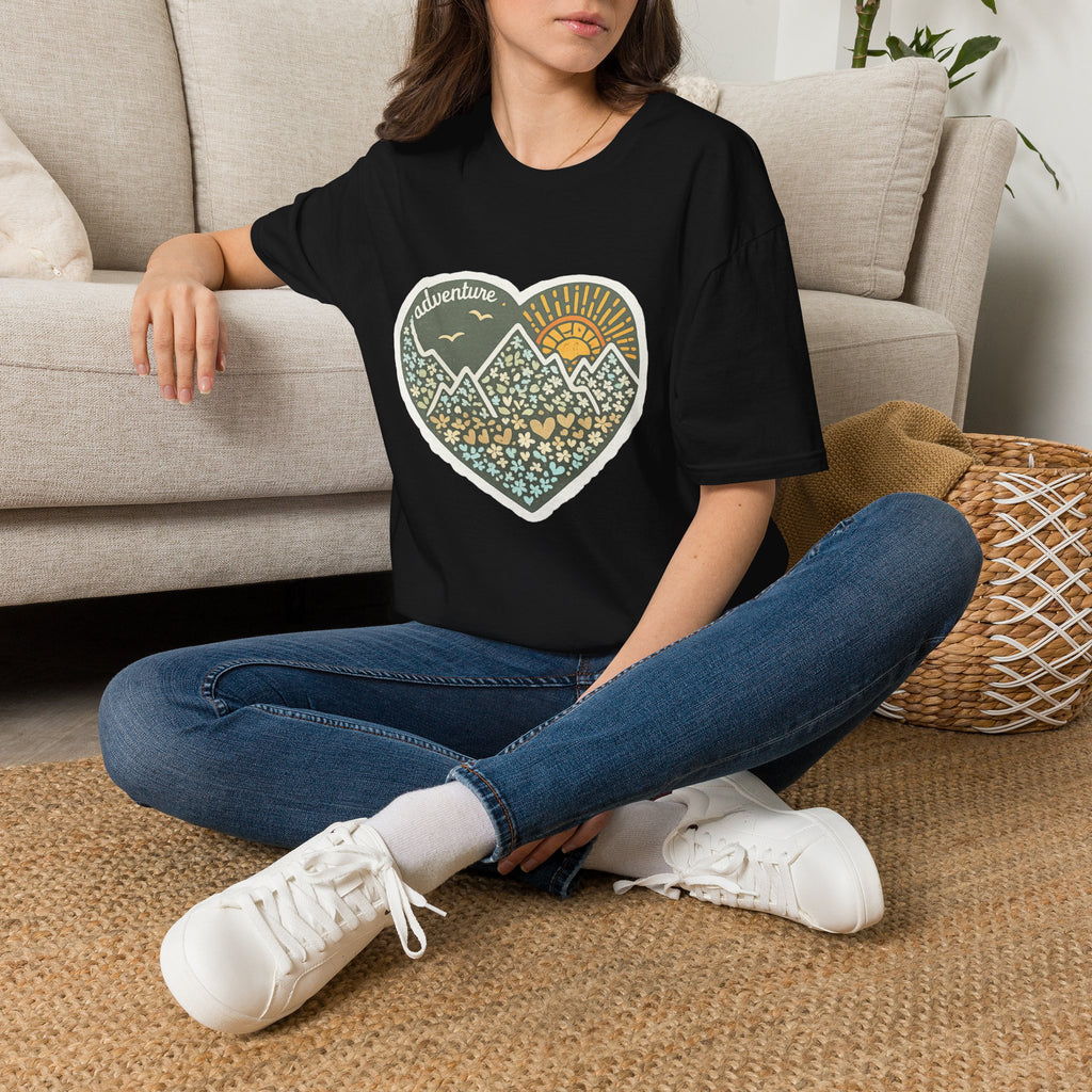 Adventure Heart Mountain T‑Shirt — Sunrise Nature Graphic Tee for Hikers & Outdoor Lovers