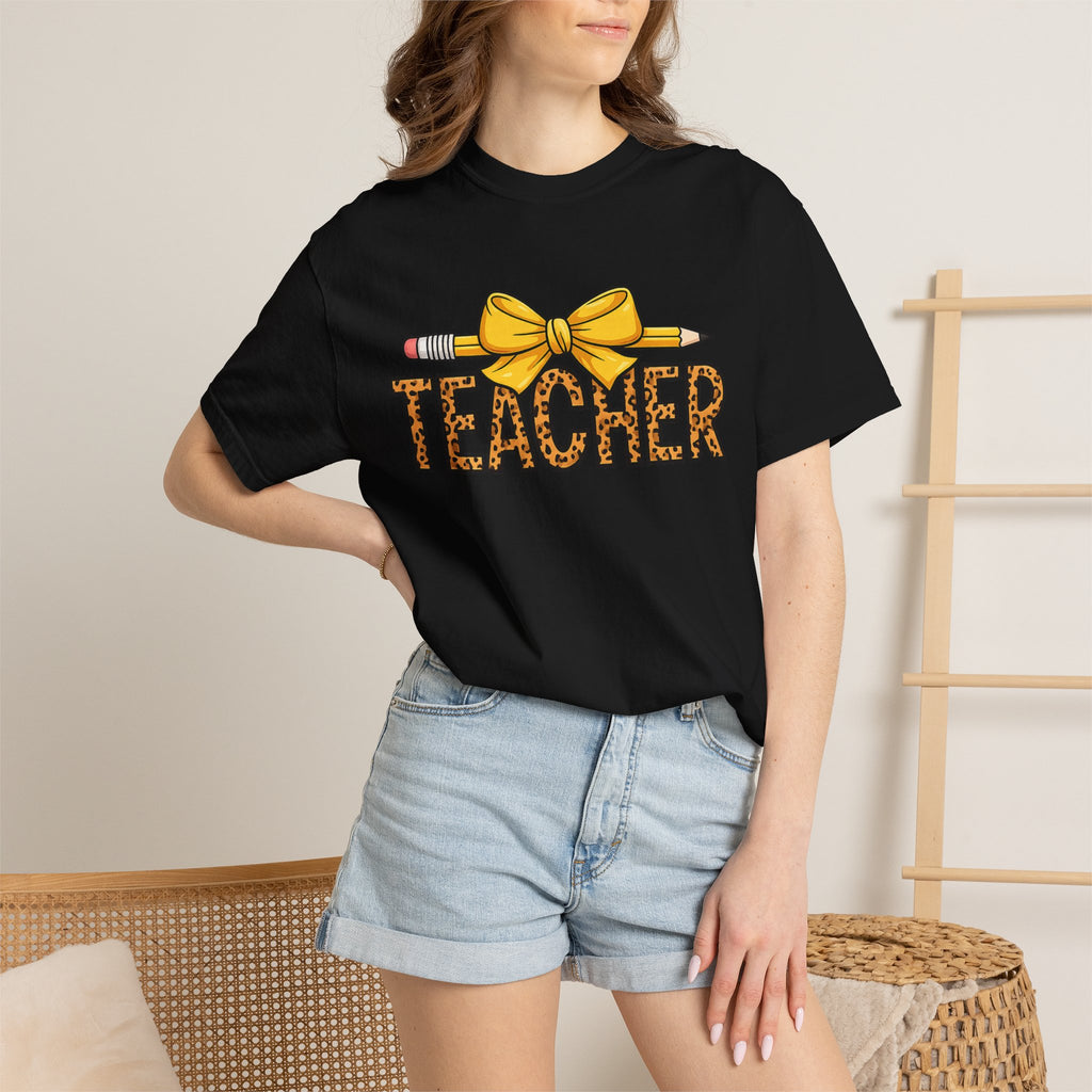 Teacher Leopard Print Pencil Bow T-Shirt — Cute Back-to-School Gift for Educators