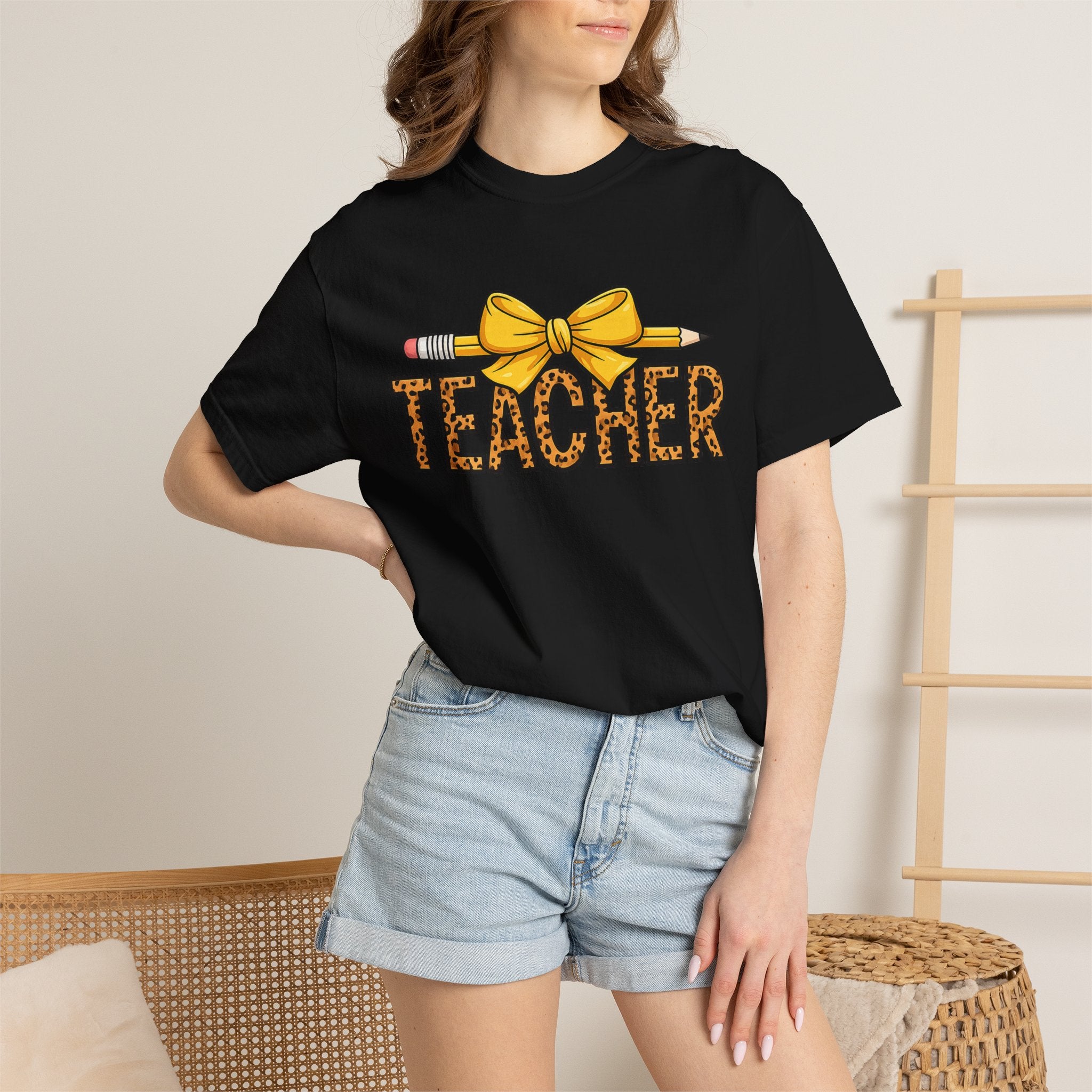 Teacher Leopard Print Pencil Bow T-Shirt — Cute Back-to-School Gift for Educators