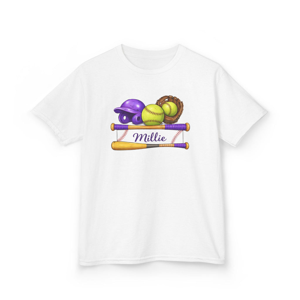 Kids Softball Name Tee – Personalized "Millie" Helmet, Ball & Bats