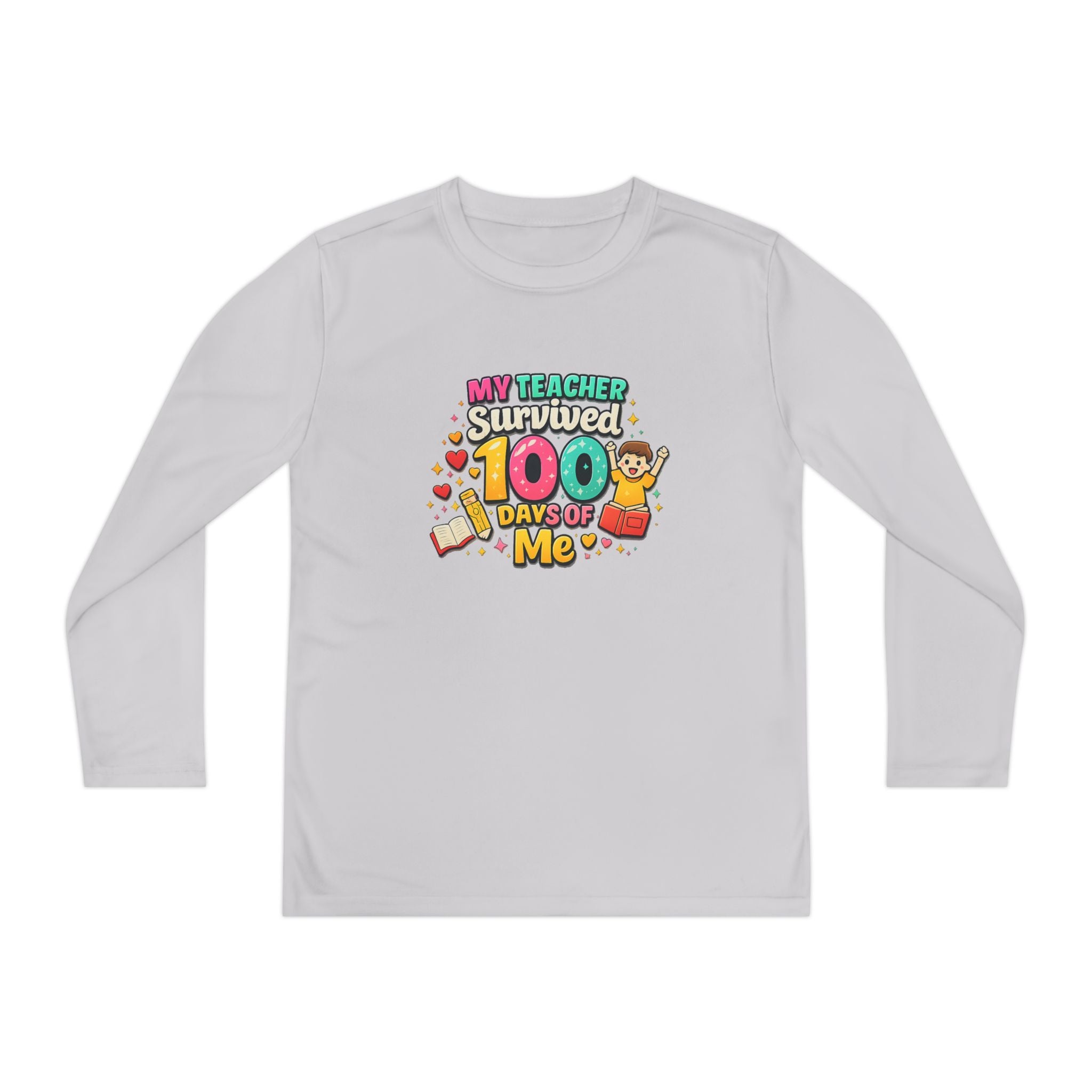 Kids Long Sleeve Tee — “My Teacher Survived 100 Days of Me” Colorful Celebration Shirt