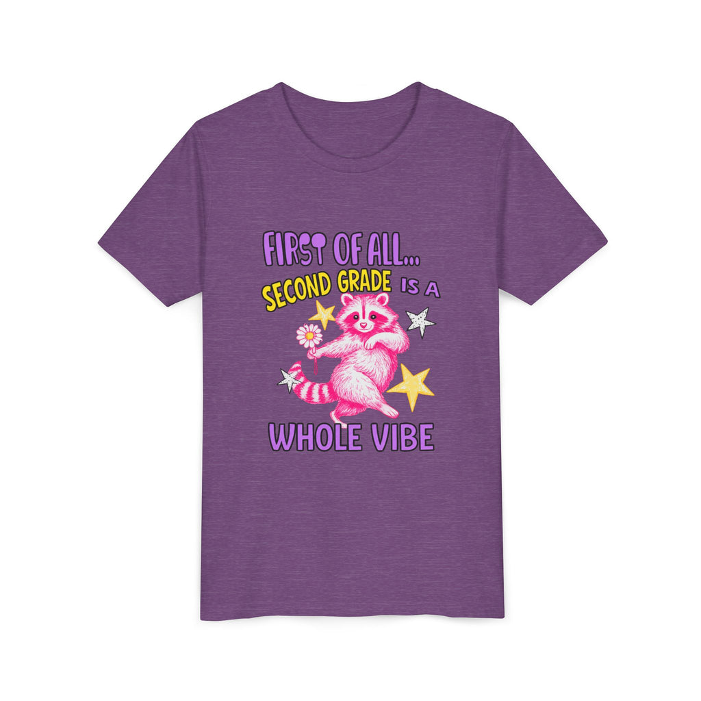 Youth Tee — "First of All... Second Grade Is a Whole Vibe" Pink Raccoon Back-to-School Shirt