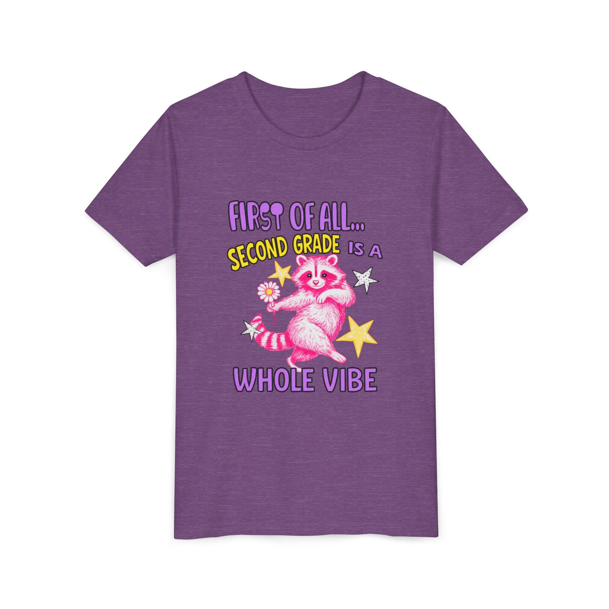 Youth Tee — "First of All... Second Grade Is a Whole Vibe" Pink Raccoon Back-to-School Shirt