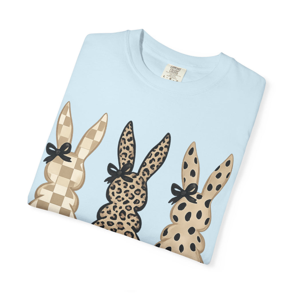 Easter Bunny Trio T-Shirt — Neutral Plaid, Leopard & Polka Dot Bunnies