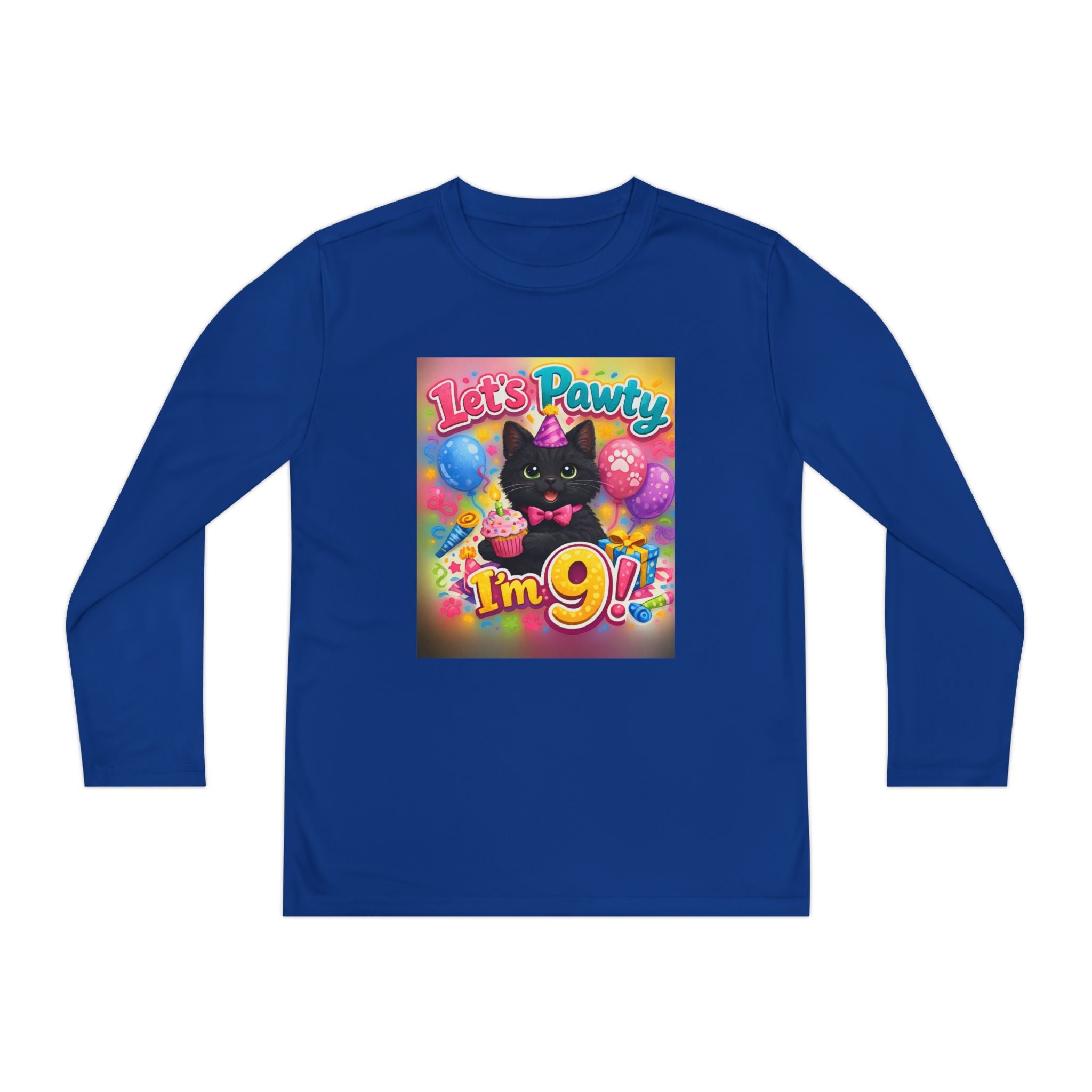 Kids' 9th Birthday Long Sleeve Tee — "Let's Pawty I'm 9!" Cat Birthday Shirt