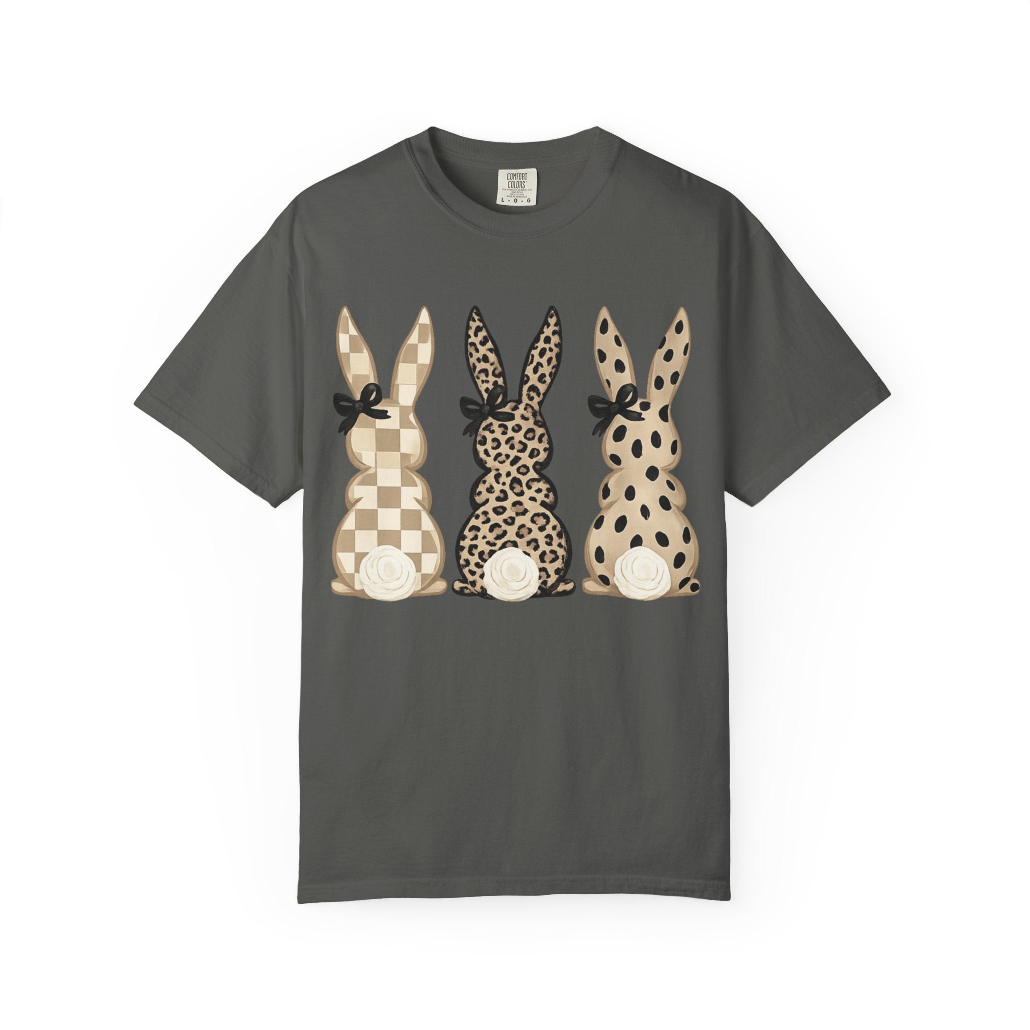 Easter Bunny Trio T-Shirt — Neutral Plaid, Leopard & Polka Dot Bunnies