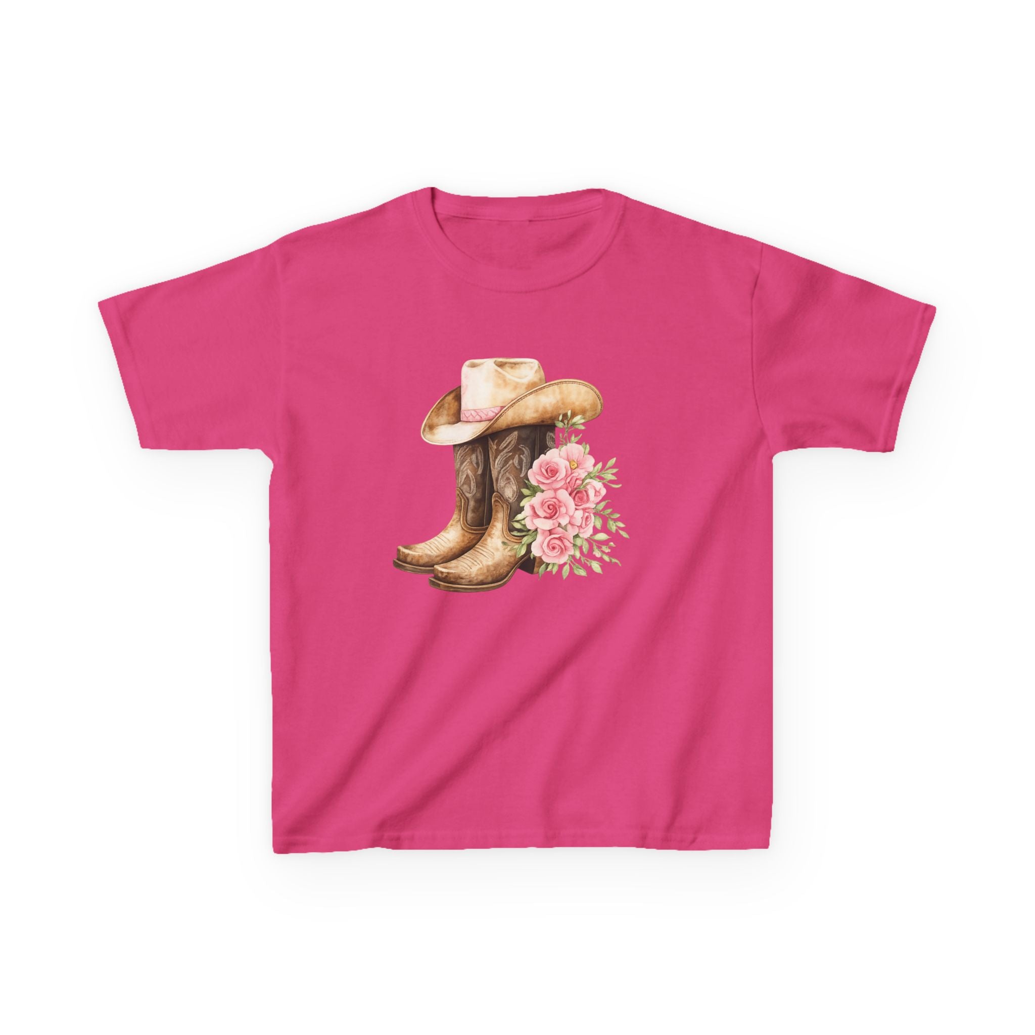Kids Western Tee — Cowboy Hat & Boots with Pink Floral Design