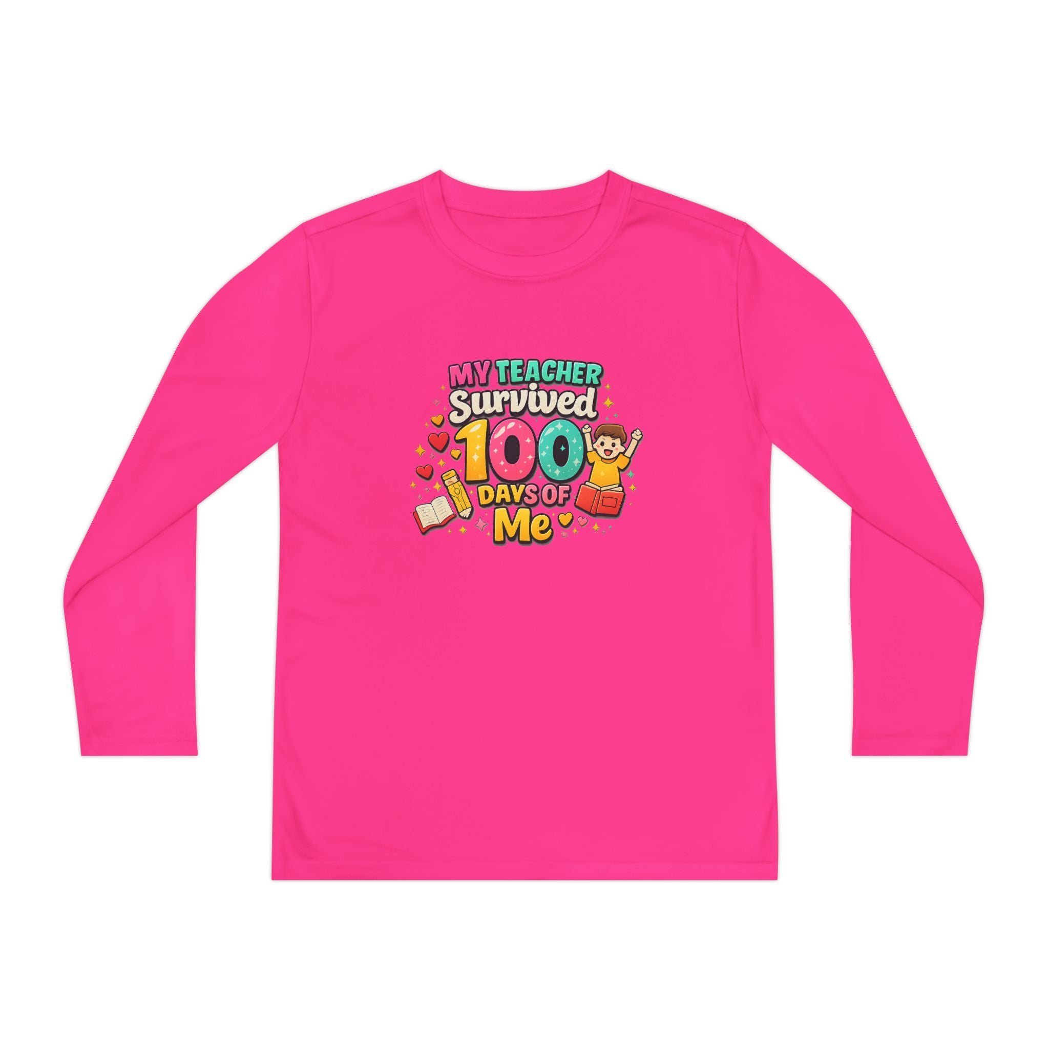Kids Long Sleeve Tee — “My Teacher Survived 100 Days of Me” Colorful Celebration Shirt