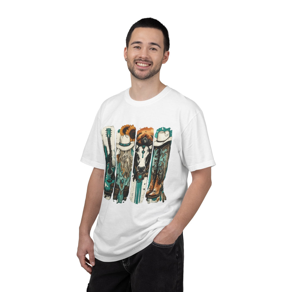 Western Music Icons T-Shirt — Rustic Guitar, Boots & Hat Graphic Tee