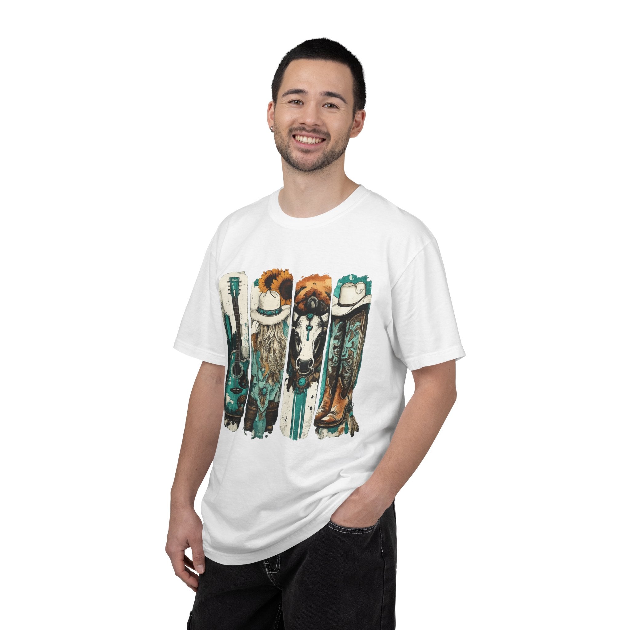 Western Music Icons T-Shirt — Rustic Guitar, Boots & Hat Graphic Tee