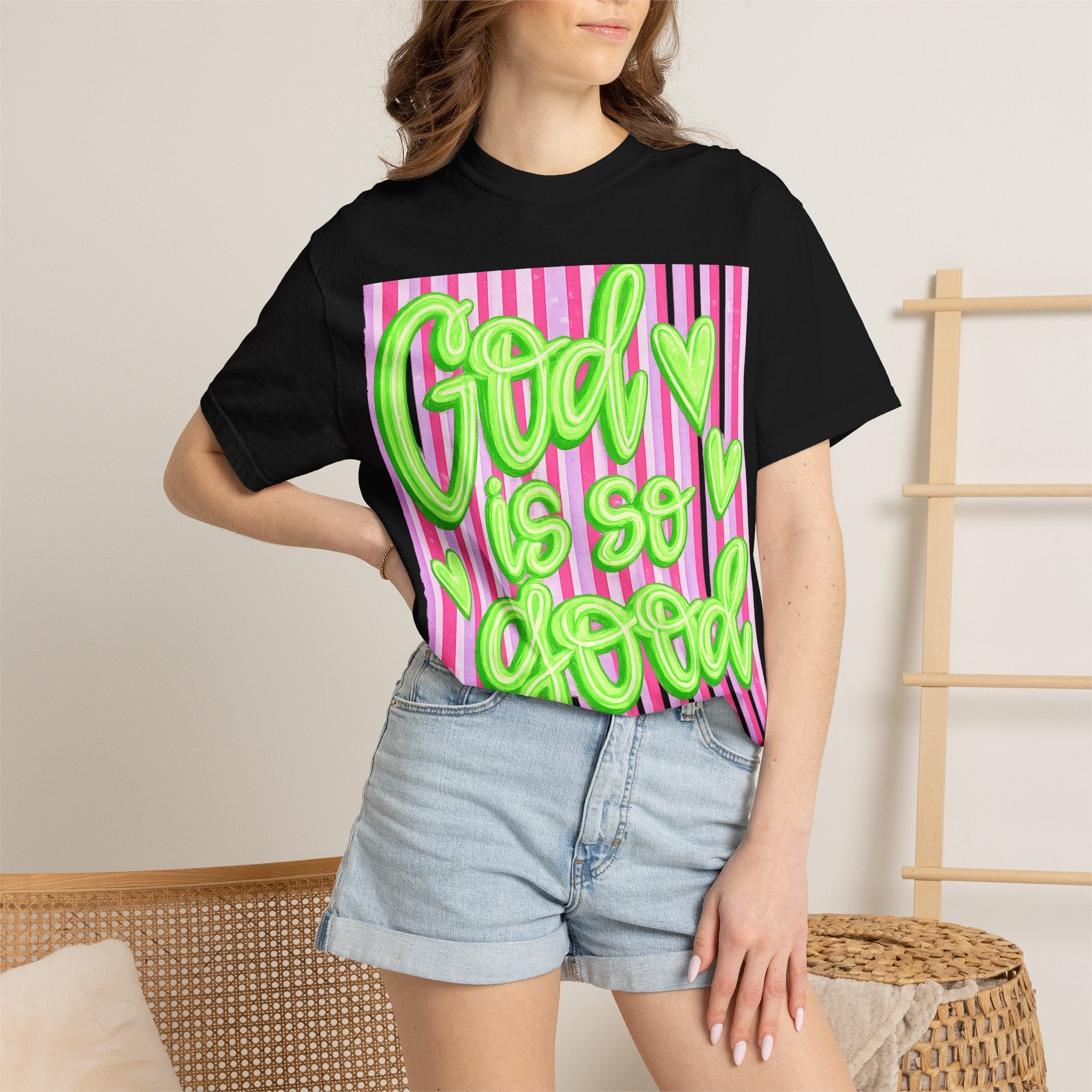God Is So Good T-Shirt — Neon Green Script on Pink Stripe Christian Tee