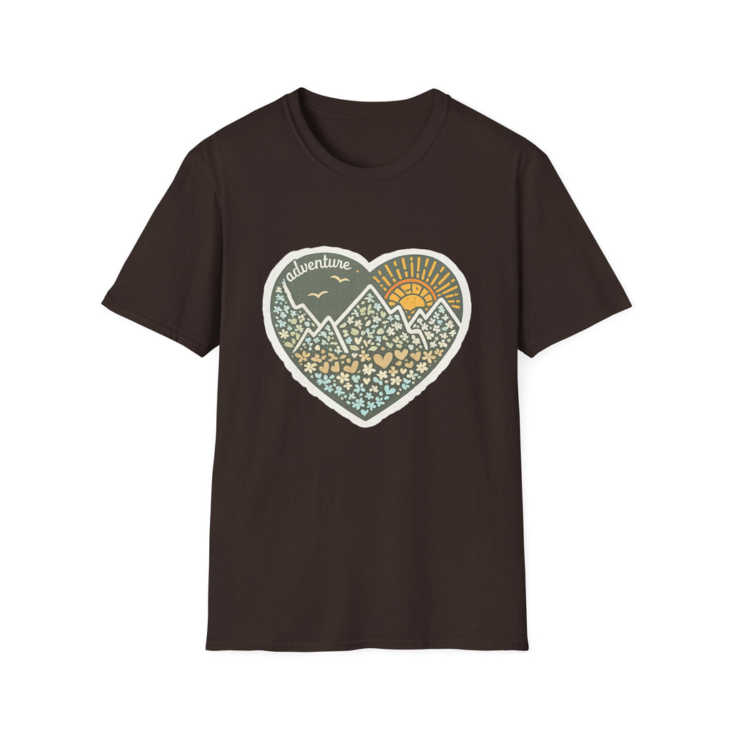 Adventure Heart Mountain T‑Shirt — Sunrise Nature Graphic Tee for Hikers & Outdoor Lovers