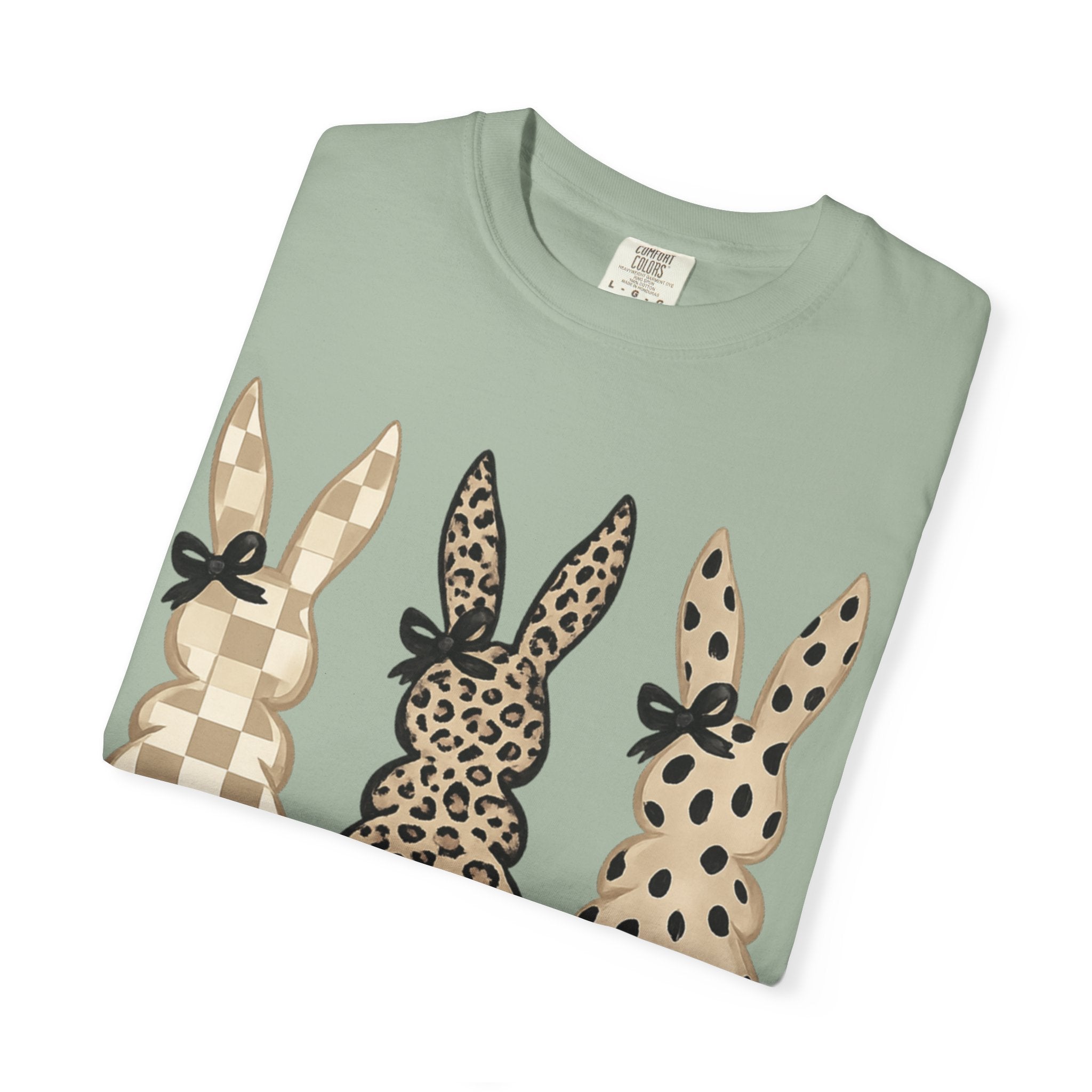 Easter Bunny Trio T-Shirt — Neutral Plaid, Leopard & Polka Dot Bunnies
