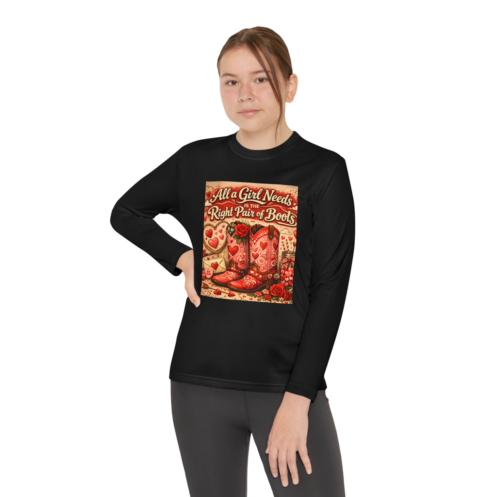 Youth Long Sleeve Tee — "All a Girl Needs is the Right Pair of Boots" Western Graphic