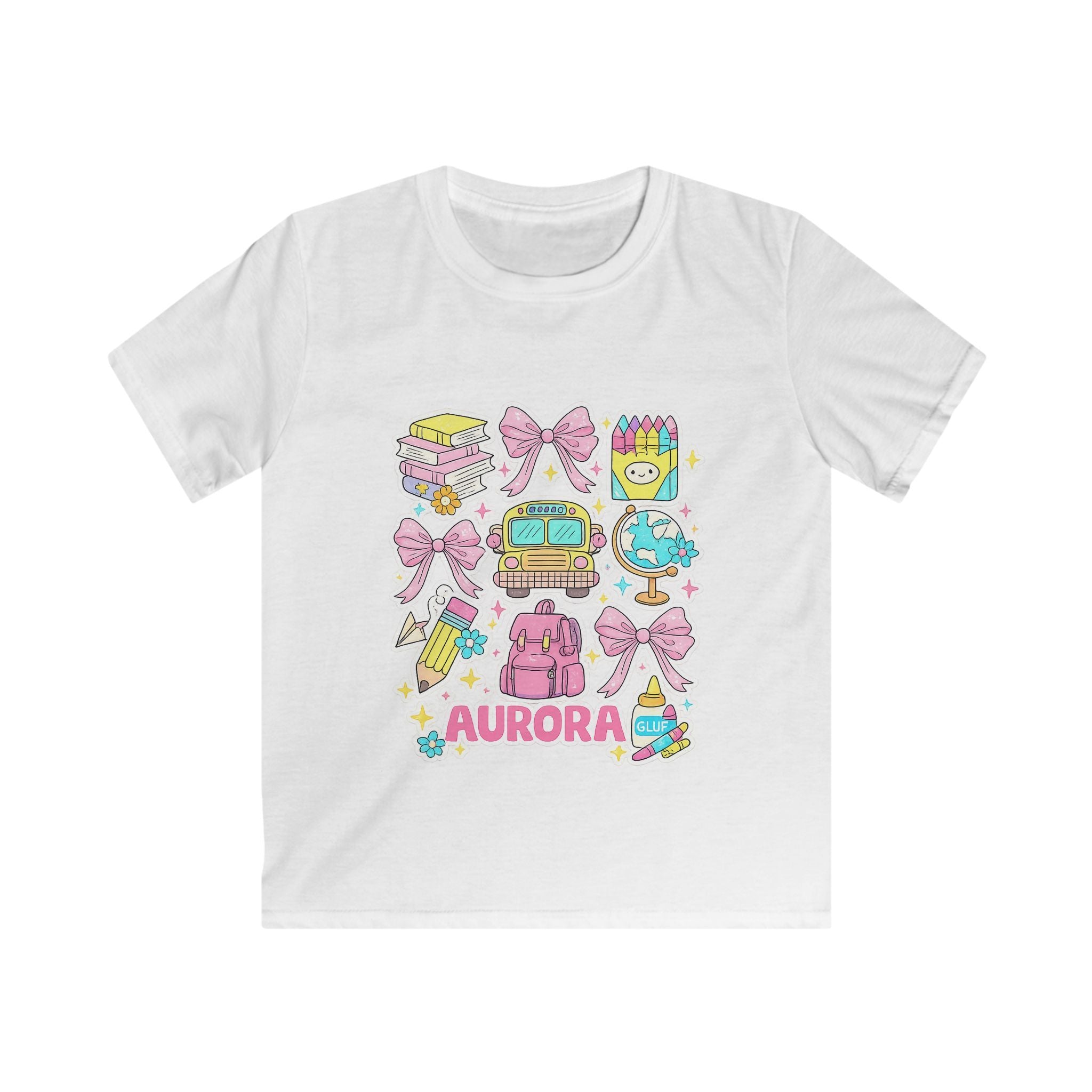 Kids Tee — Cute Pastel School Icons Design with Name "Aurora"