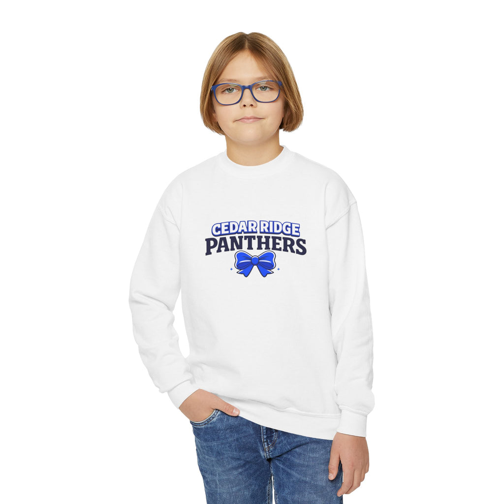 Cedar Ridge Panthers Youth Crewneck Sweatshirt — Blue Cheer Bow School Spirit
