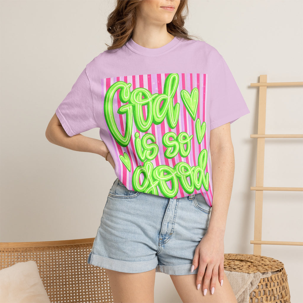 God Is So Good T-Shirt — Neon Green Script on Pink Stripe Christian Tee