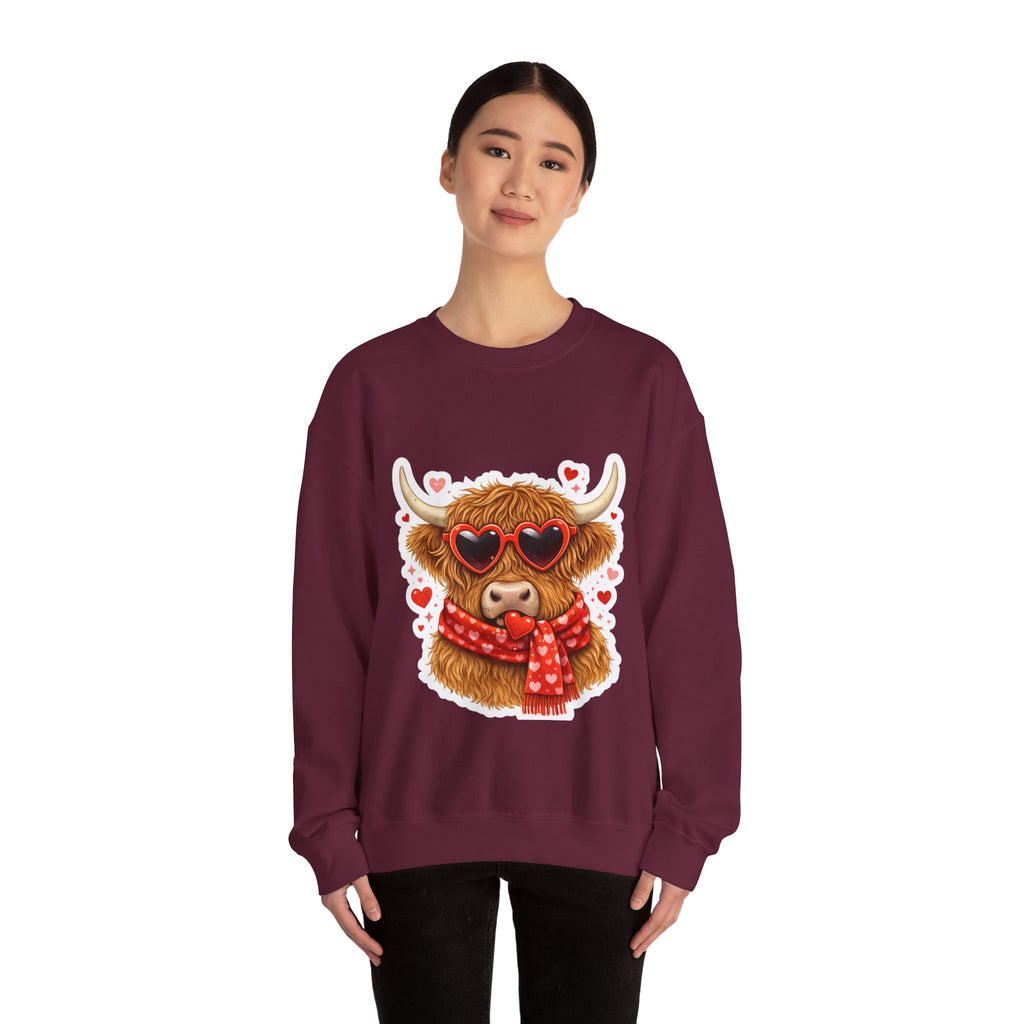Valentine Highland Cow Sweatshirt – Cute Heart Sunglasses & Scarf Crewneck