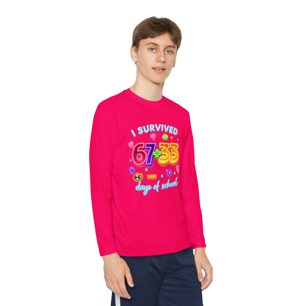 Youth Long Sleeve Tee — "I Survived 67+33 Days of School" Colorful Celebration Shirt
