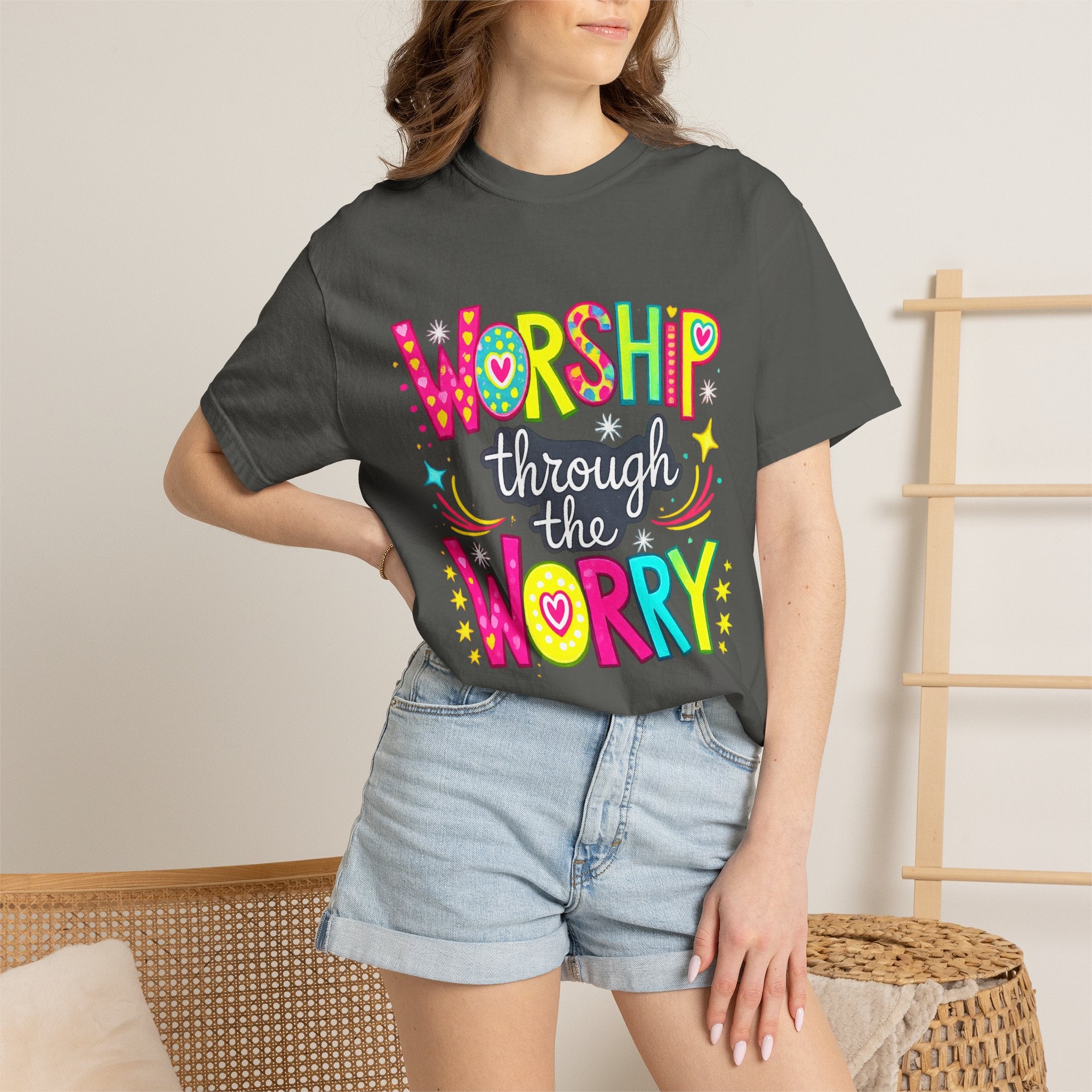 Worship Through the Worry T-Shirt — Colorful Christian Faith Tee