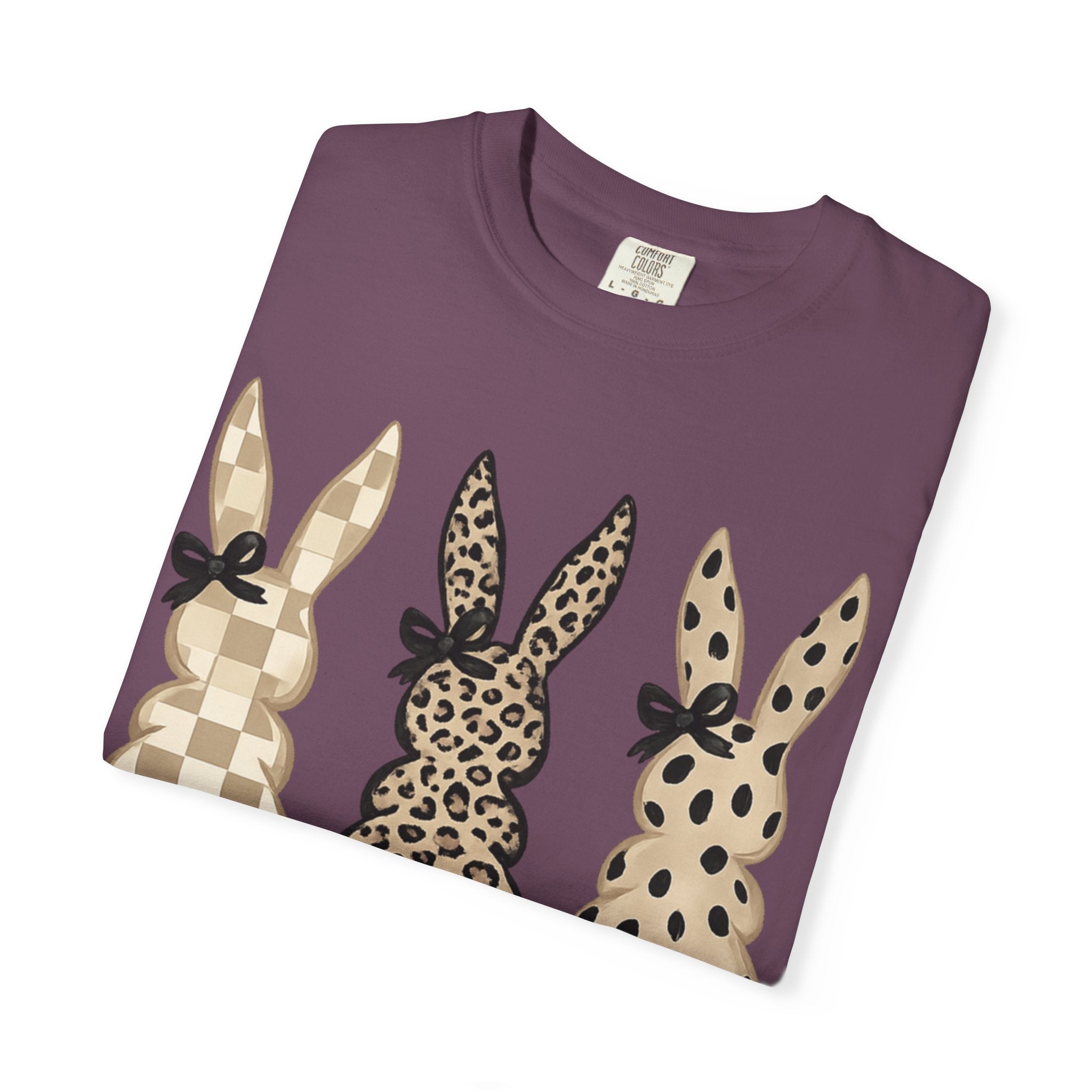 Easter Bunny Trio T-Shirt — Neutral Plaid, Leopard & Polka Dot Bunnies