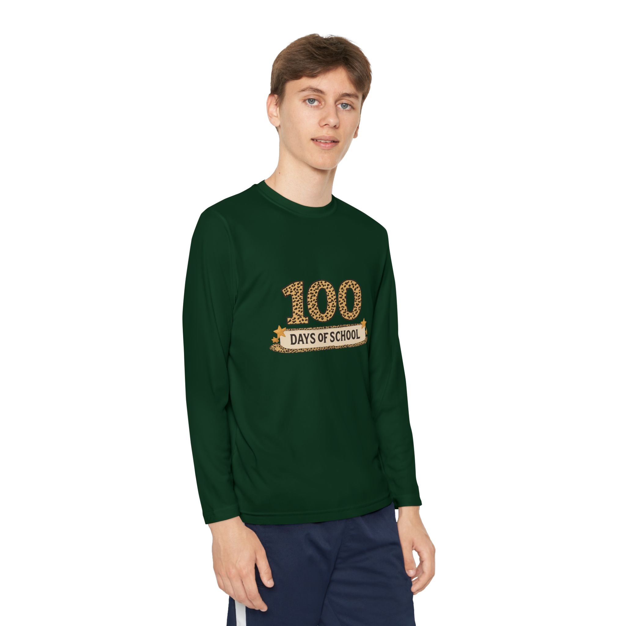 100 Days of School Youth Long Sleeve Tee — Leopard Print Celebration Shirt