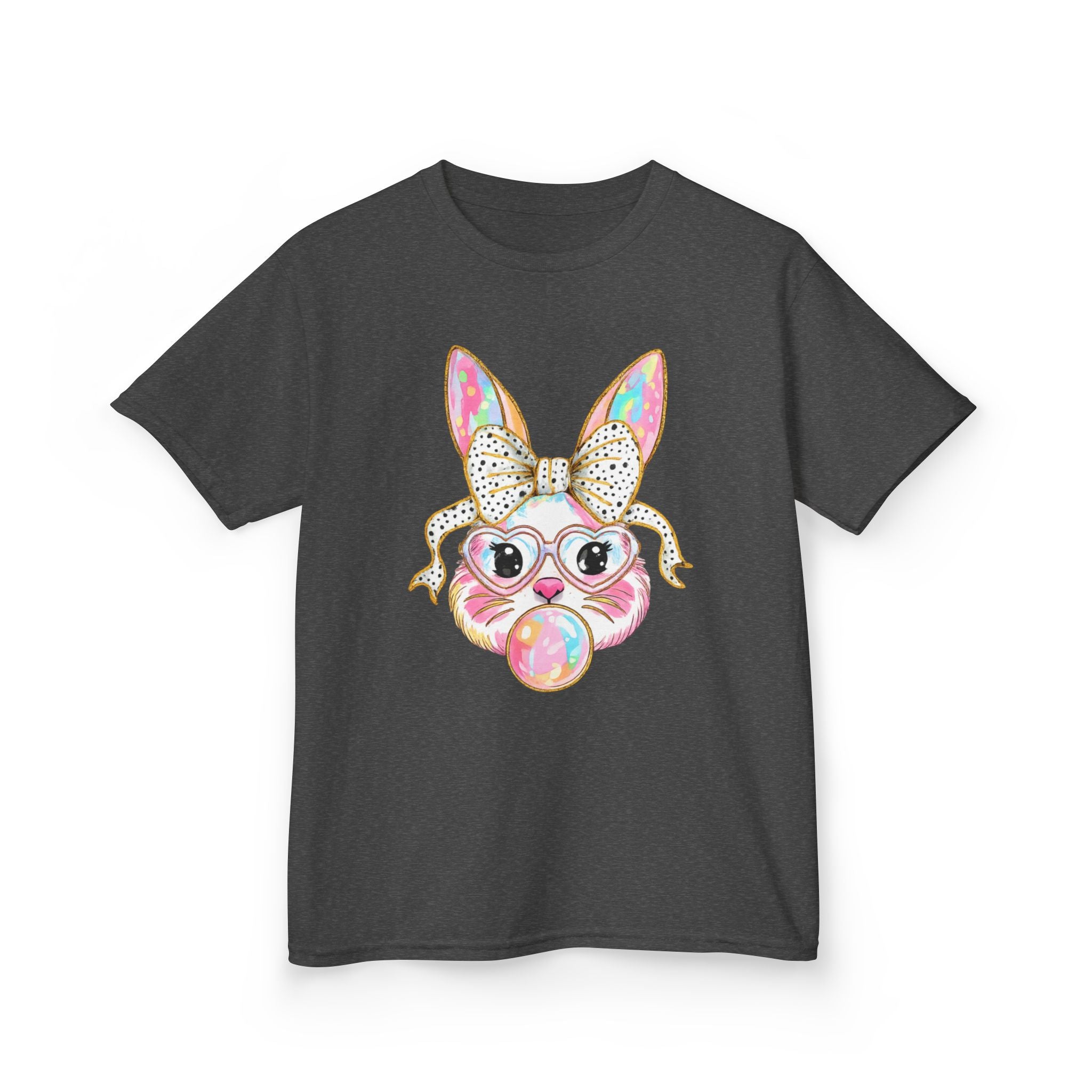 Kids Bunny Bubblegum Tee — Cute Bunny with Bow & Glasses Kids T-Shirt