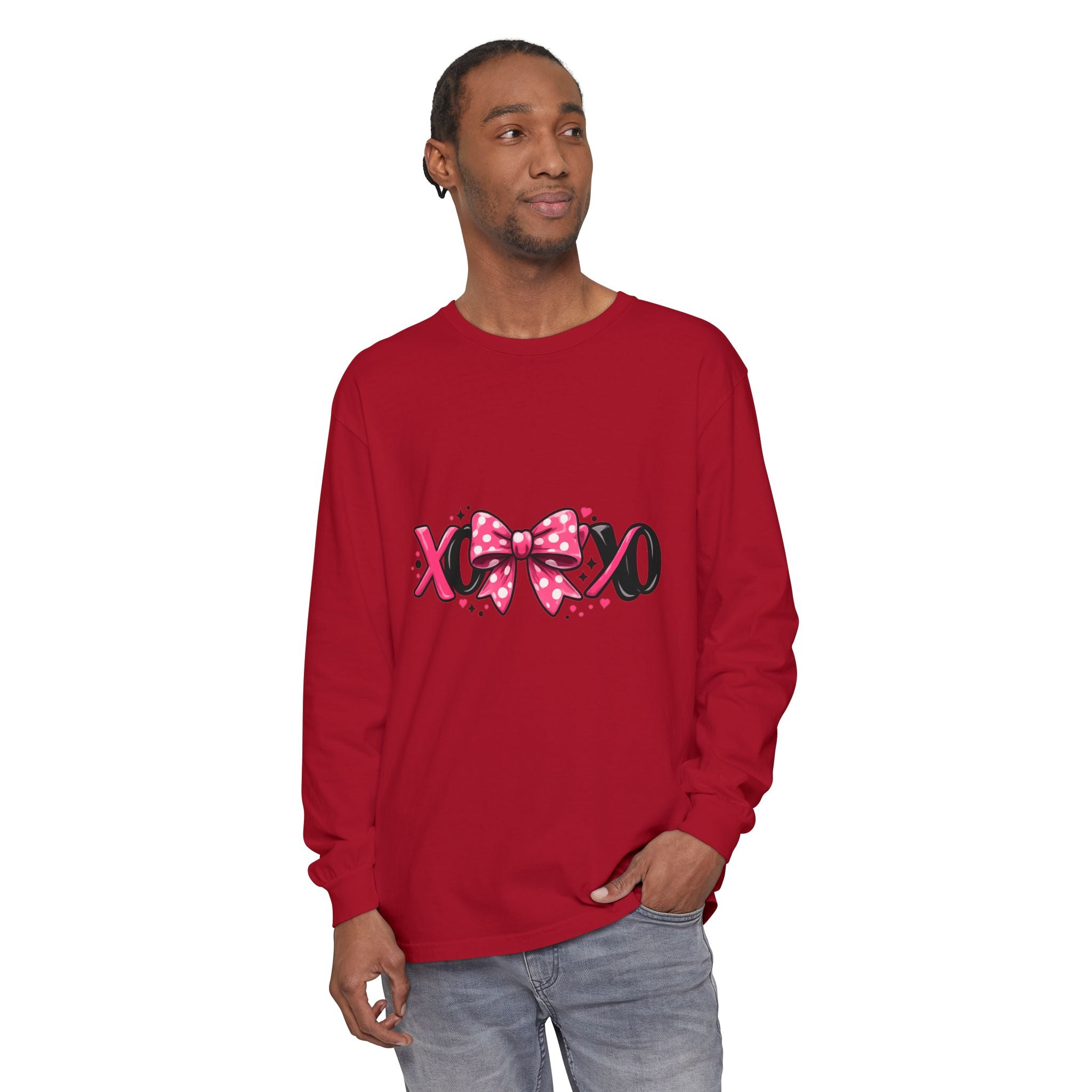 Hugs & Kisses (XOXO) Long Sleeve Tee — Pink Bow Valentine Shirt