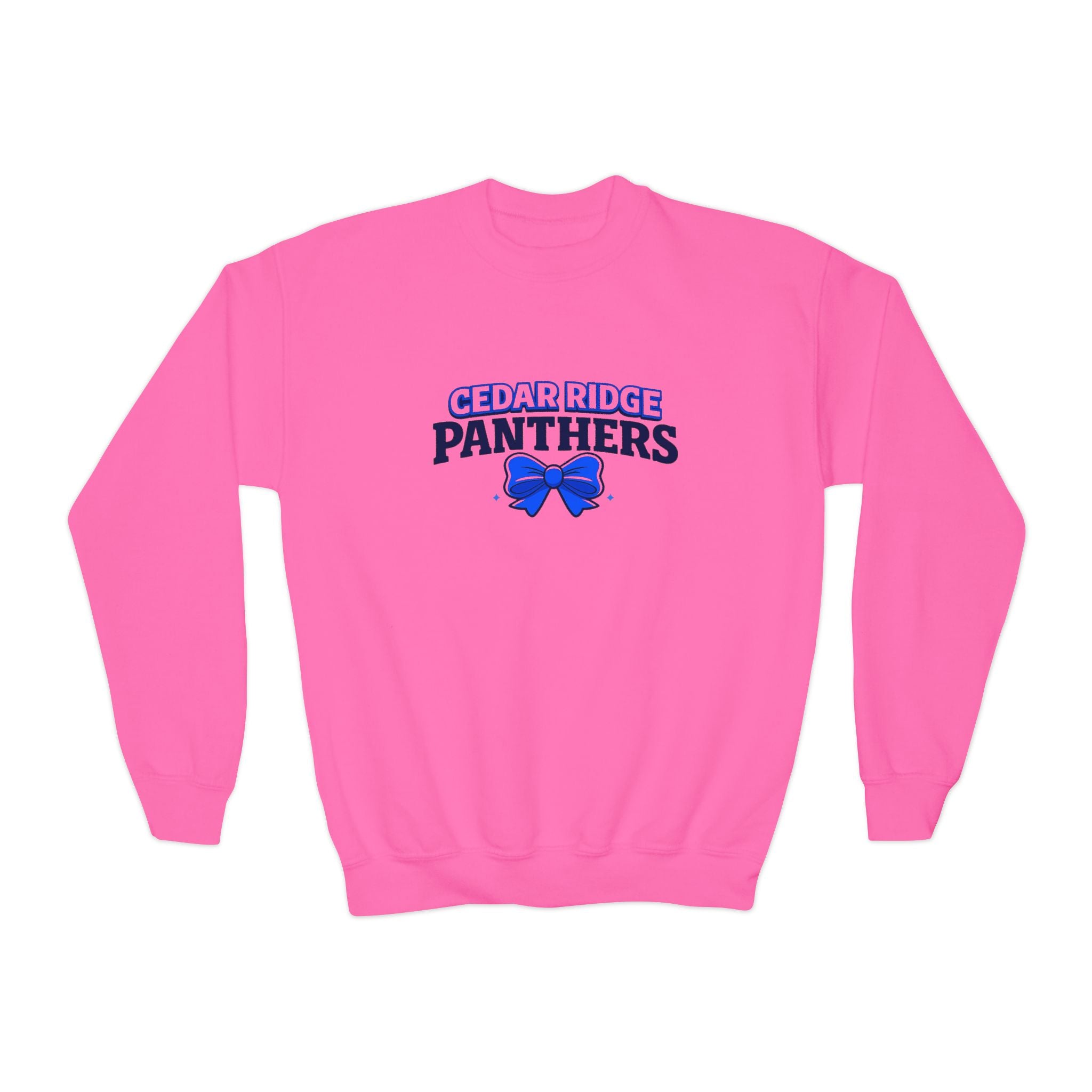 Cedar Ridge Panthers Youth Crewneck Sweatshirt — Blue Cheer Bow School Spirit