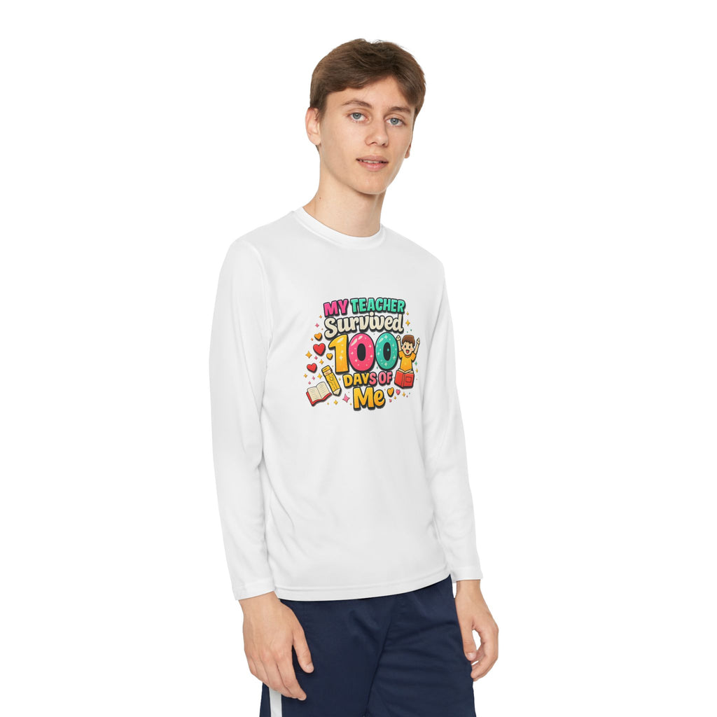 Kids Long Sleeve Tee — “My Teacher Survived 100 Days of Me” Colorful Celebration Shirt