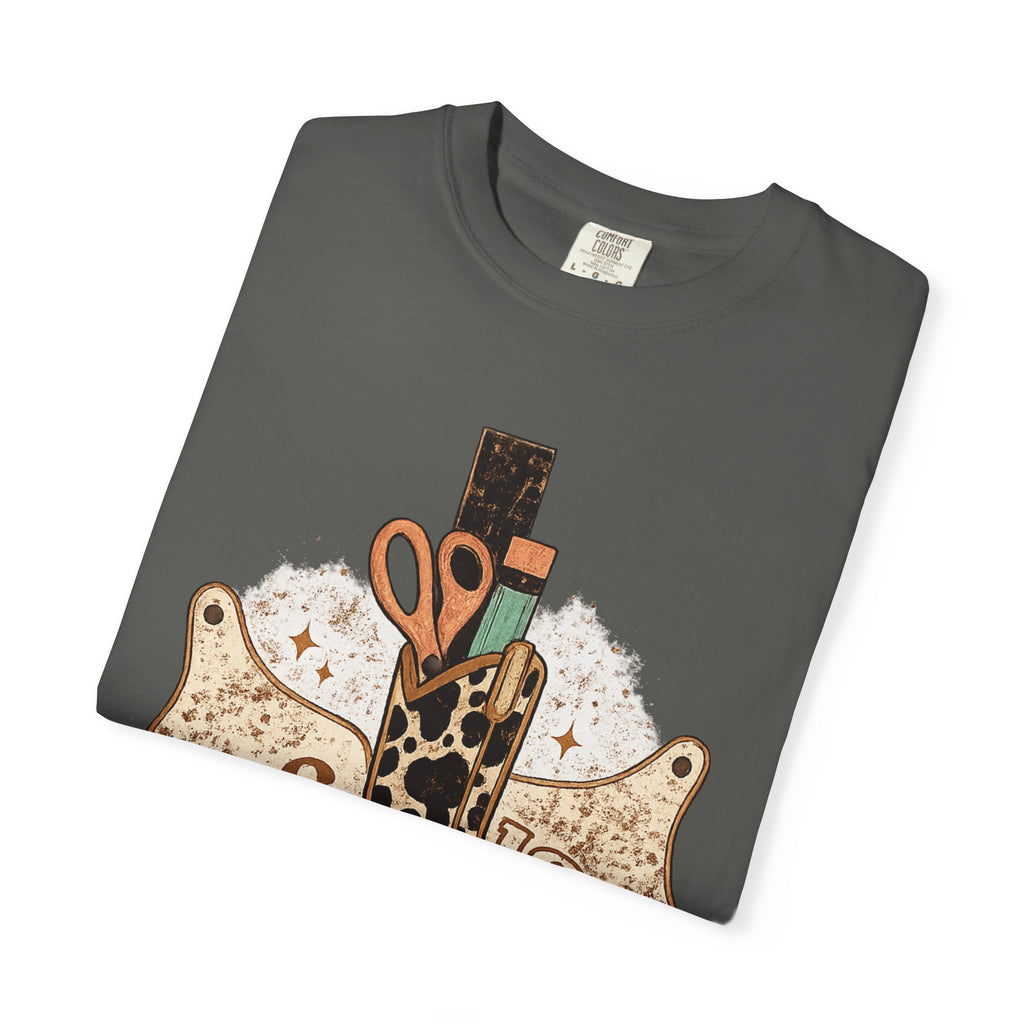 Teacher Cowgirl Boot T-Shirt – ABC 123 Classroom Scissors Design