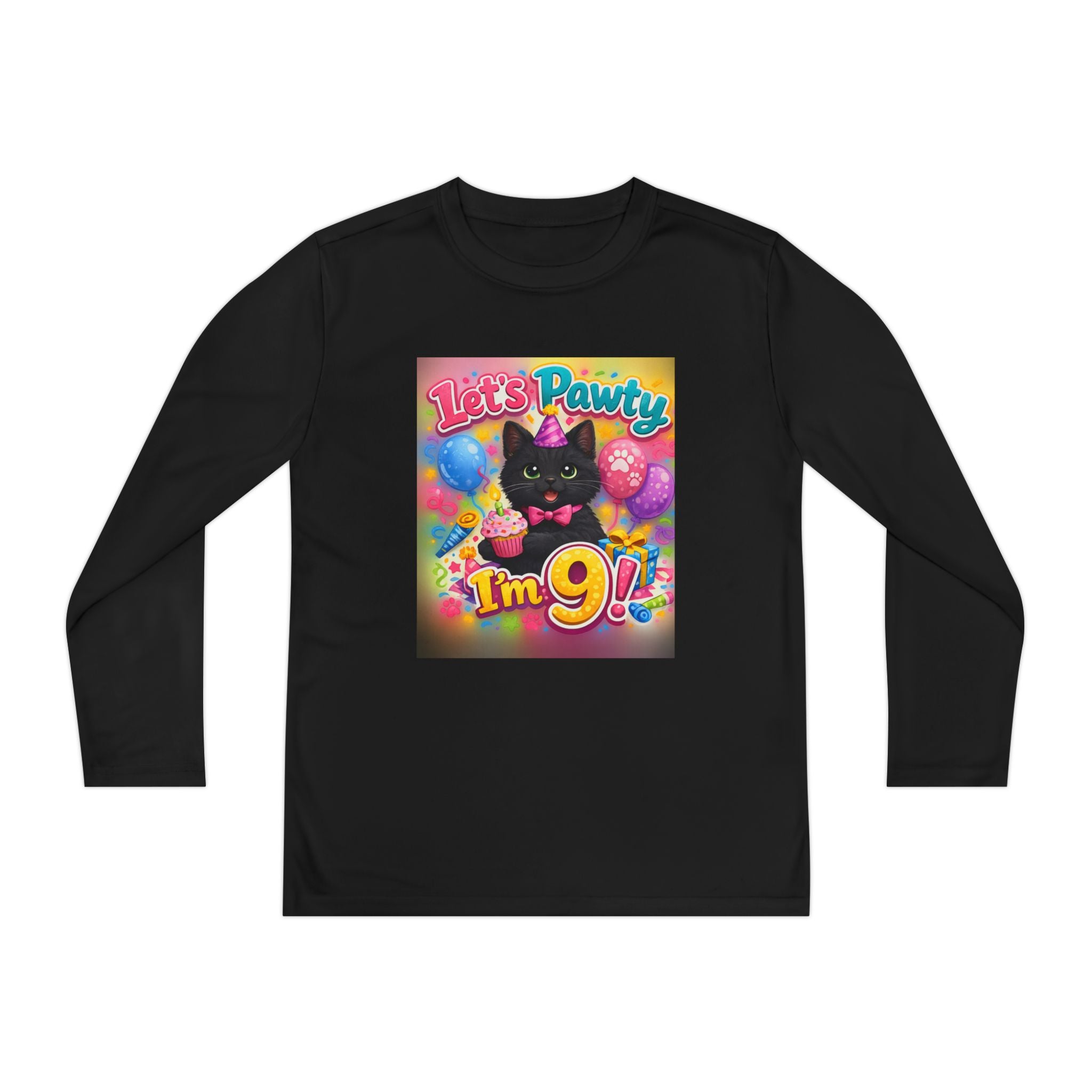 Kids' 9th Birthday Long Sleeve Tee — "Let's Pawty I'm 9!" Cat Birthday Shirt