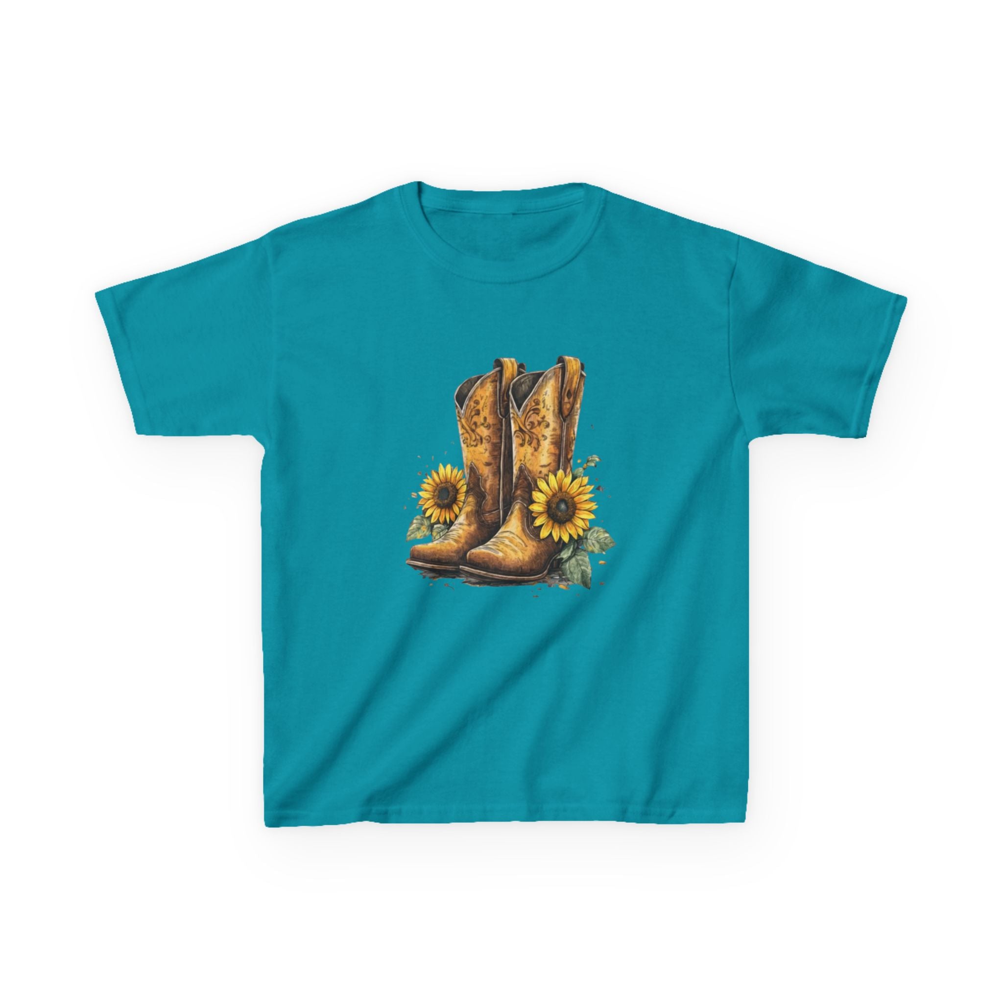 Kids Cowboy Boots & Sunflowers T-Shirt — Western Farmyard Tee for Children
