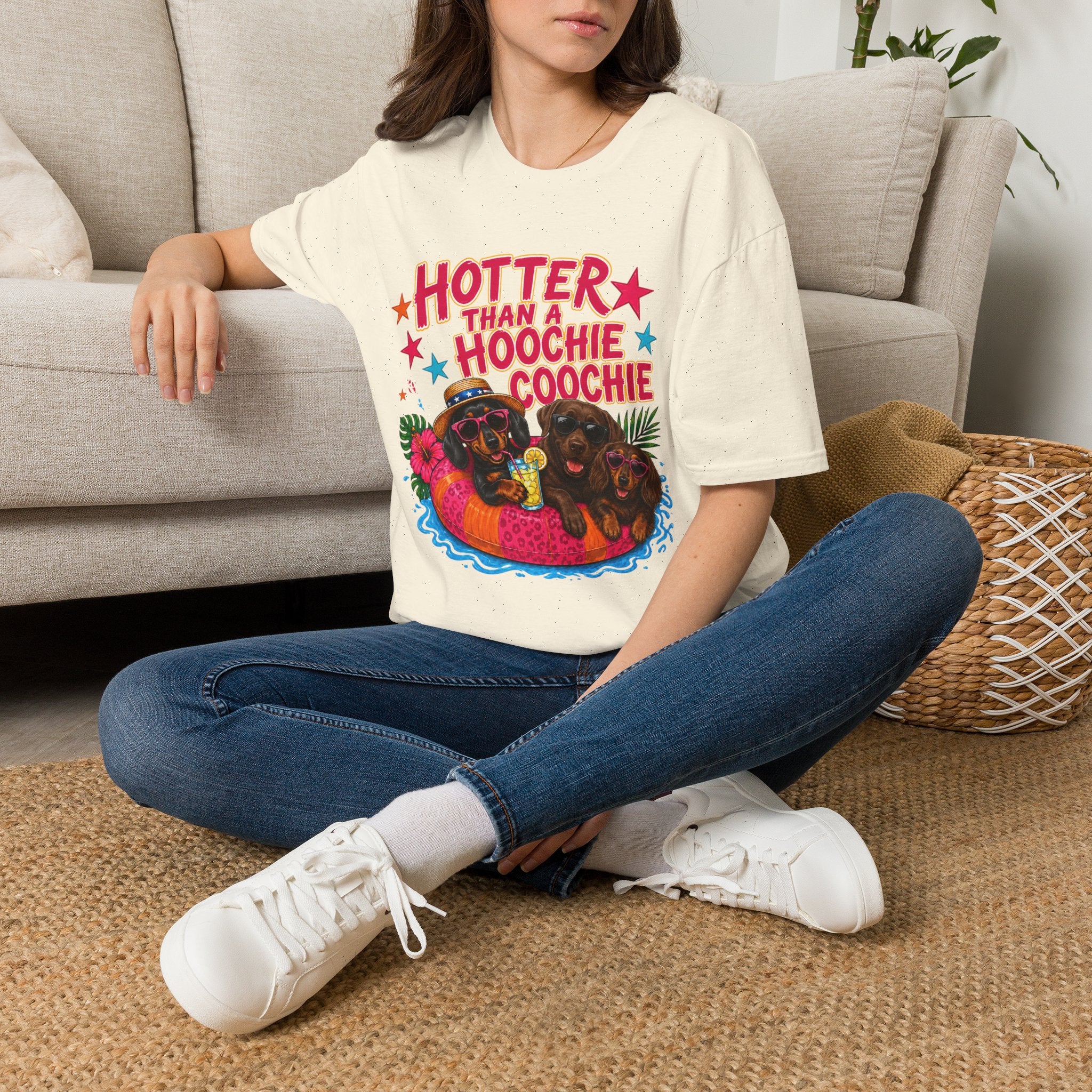 Hotter Than a Hoochie Coochie T-Shirt — Funny Summer Graphic Tee with Dogs