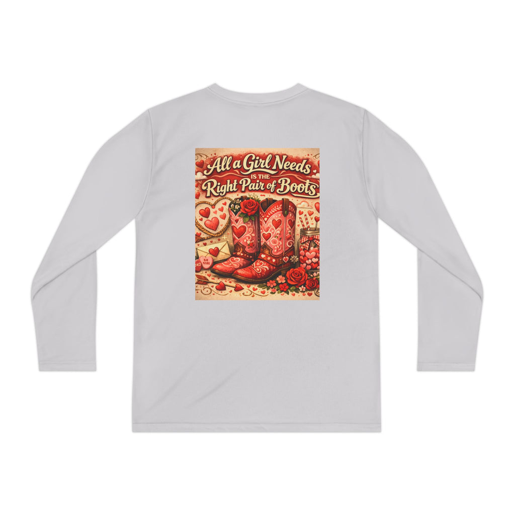 Youth Long Sleeve Tee — “All a Girl Needs is a Right Pair of Boots” Cowboy Boots Graphic