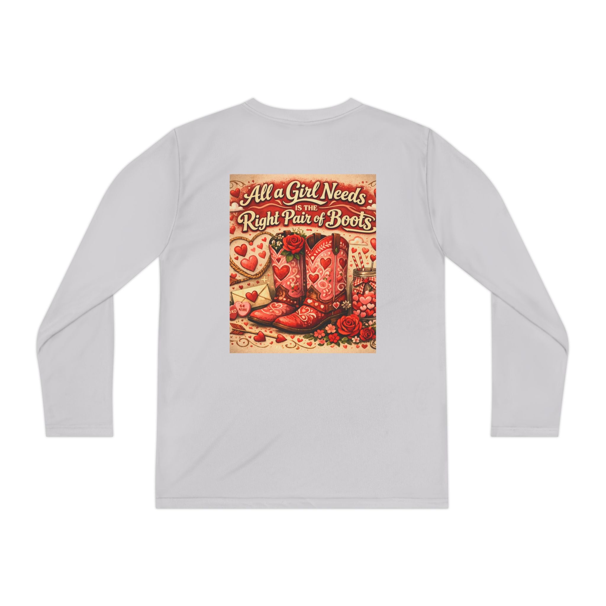 Youth Long Sleeve Tee — “All a Girl Needs is a Right Pair of Boots” Cowboy Boots Graphic