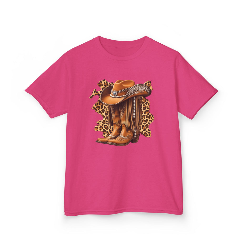 Kids Cowboy Hat & Boots Tee — Leopard Print Western Kids T-Shirt