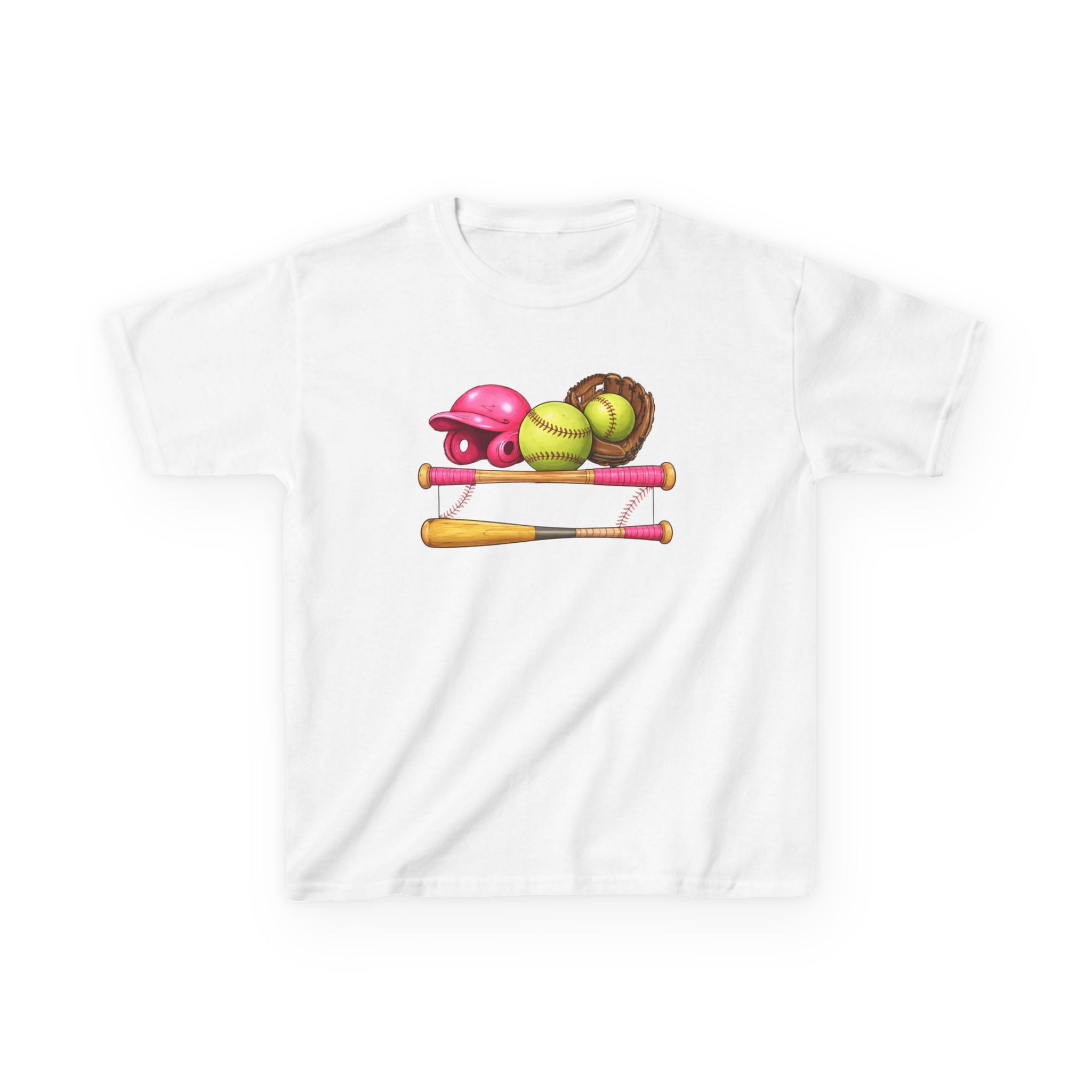 Kids Softball Gear T-Shirt — Pink Helmet, Bat & Glove Baseball Design