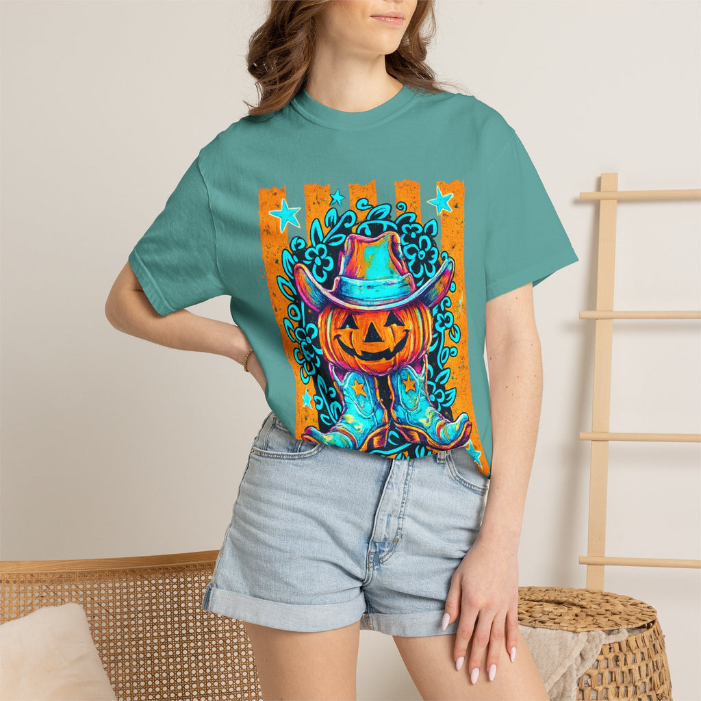 Halloween Pumpkin Cowboy T-Shirt — Neon Country Jack-O'-Lantern Graphic Tee