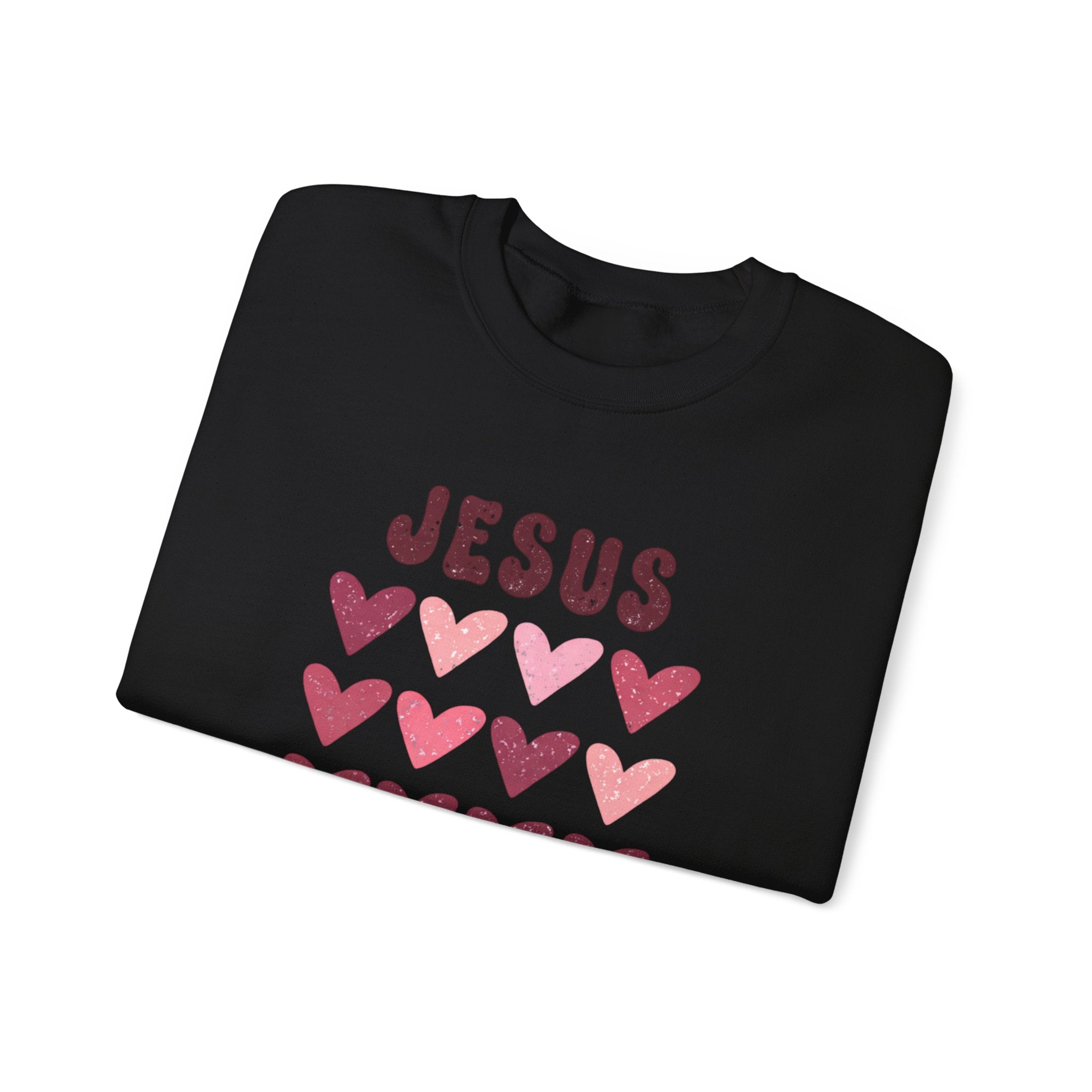 Crewneck Sweatshirt — "Jesus Loves You" Pink Heart Graphic