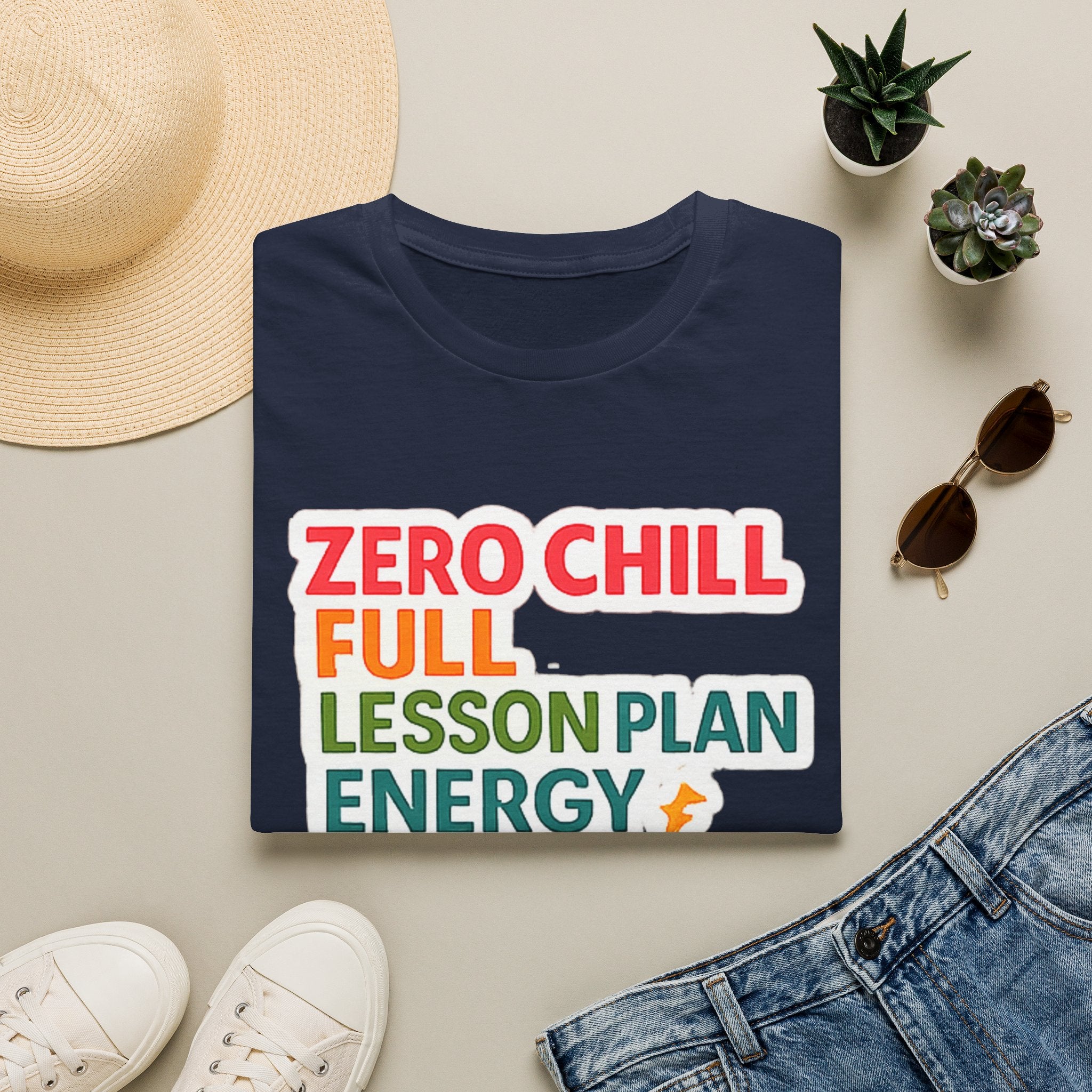 Teacher T-Shirt — "Zero Chill, Full Lesson Plan Energy" Colorful Graphic Tee