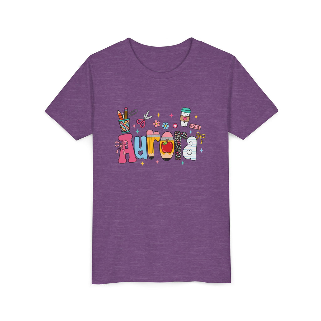 Aurora Kids' Name Tee — Colorful School Supplies Graphic Youth T-Shirt