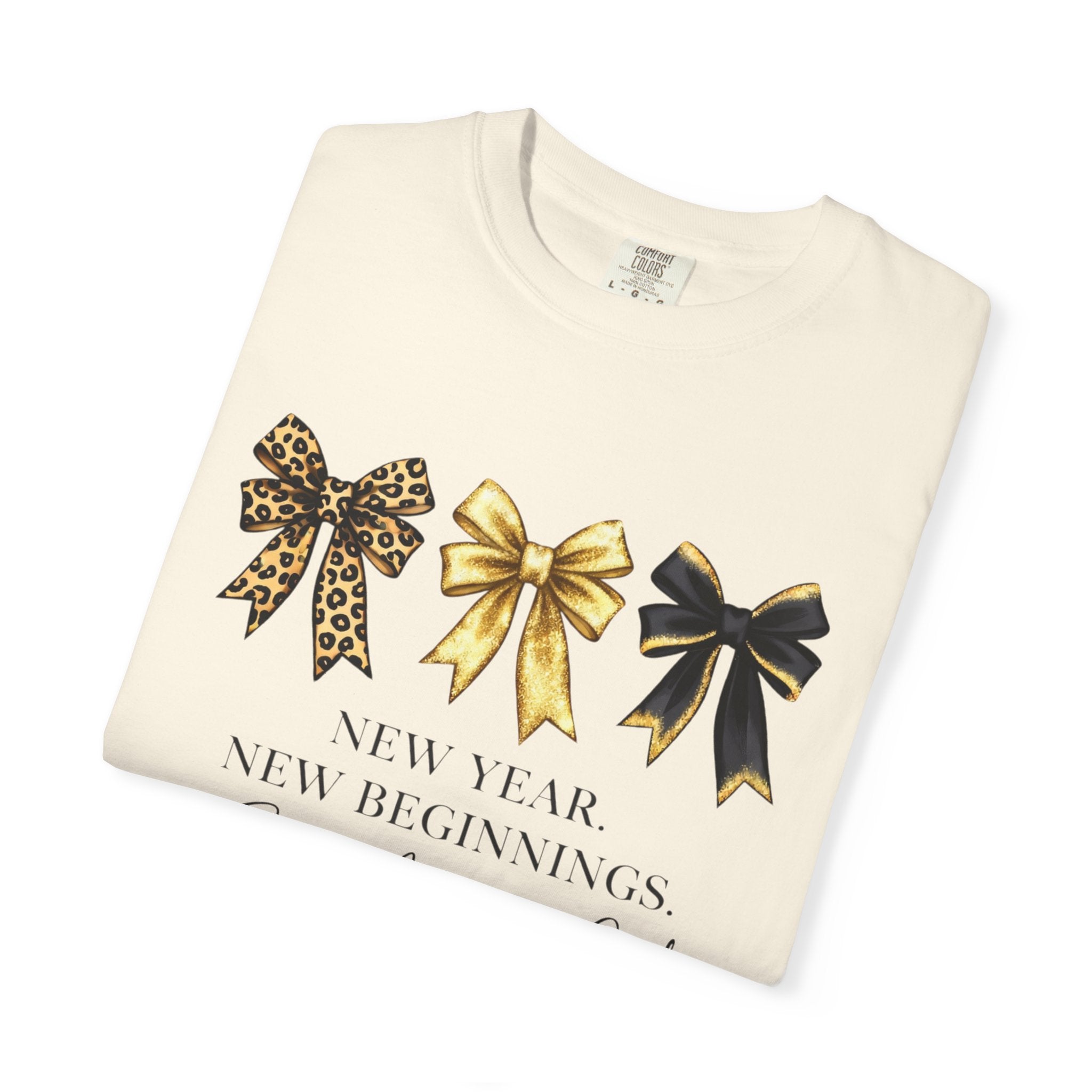 T-Shirt — "New Year, New Beginnings" Gold & Black Bow Graphic Tee