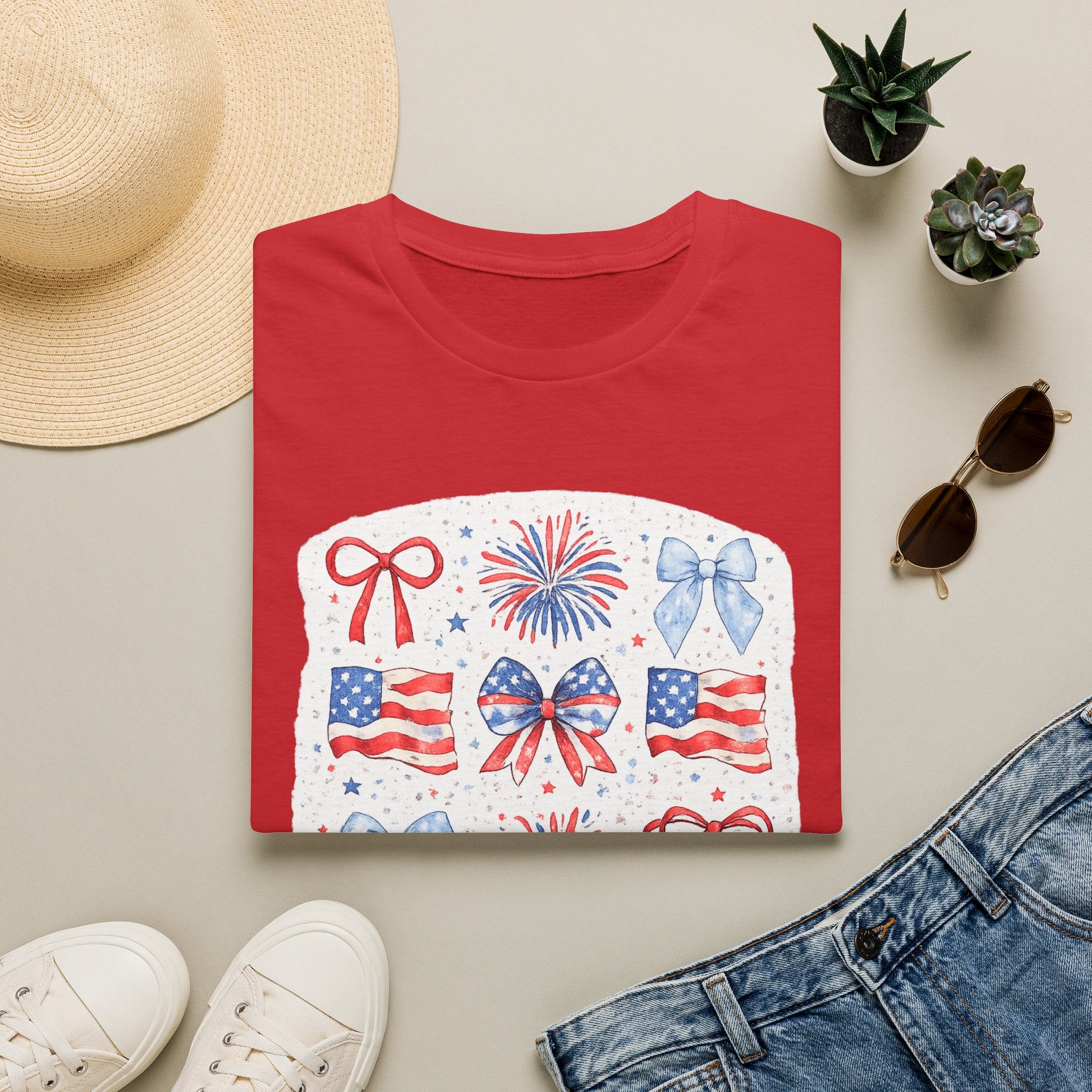 Patriotic 4th of July T-Shirt — USA Flag Bows & Fireworks Design