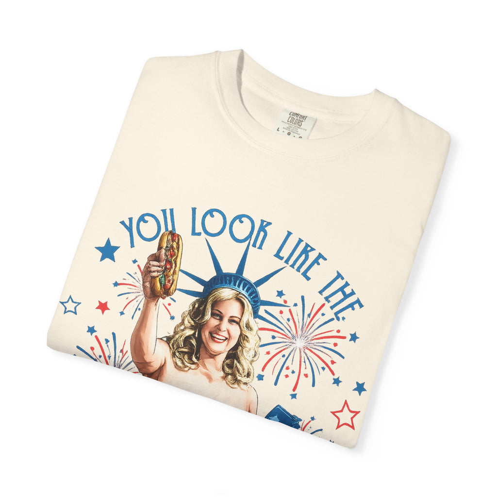 July Hot Dog Patriotic T-Shirt — "You Look Like the 4th of July Makes Me Want a Hot Dog Real Bad"